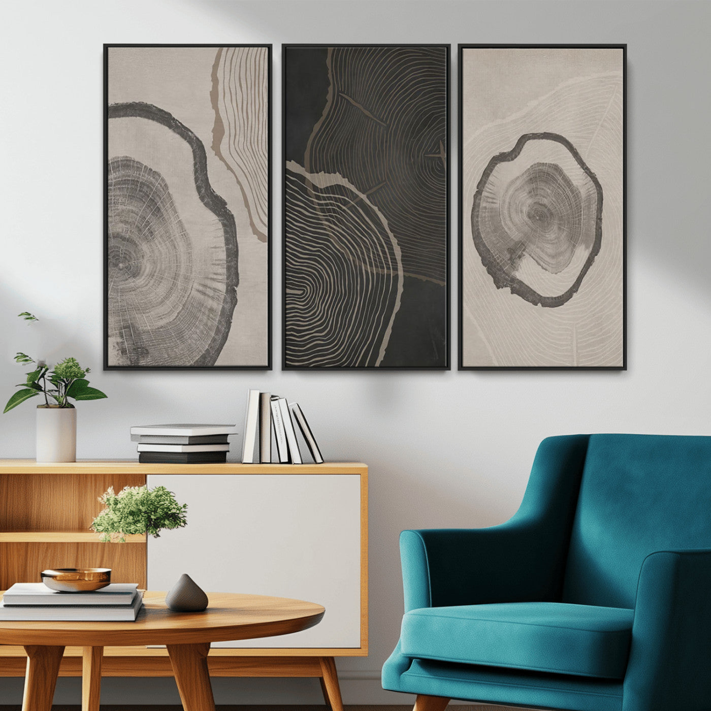 25407-MGV-CV-36X24-Modern Abstract Tree Ring Canvas Art Set | 3 Panel Large Tree Ring Design for Living Room, Office,