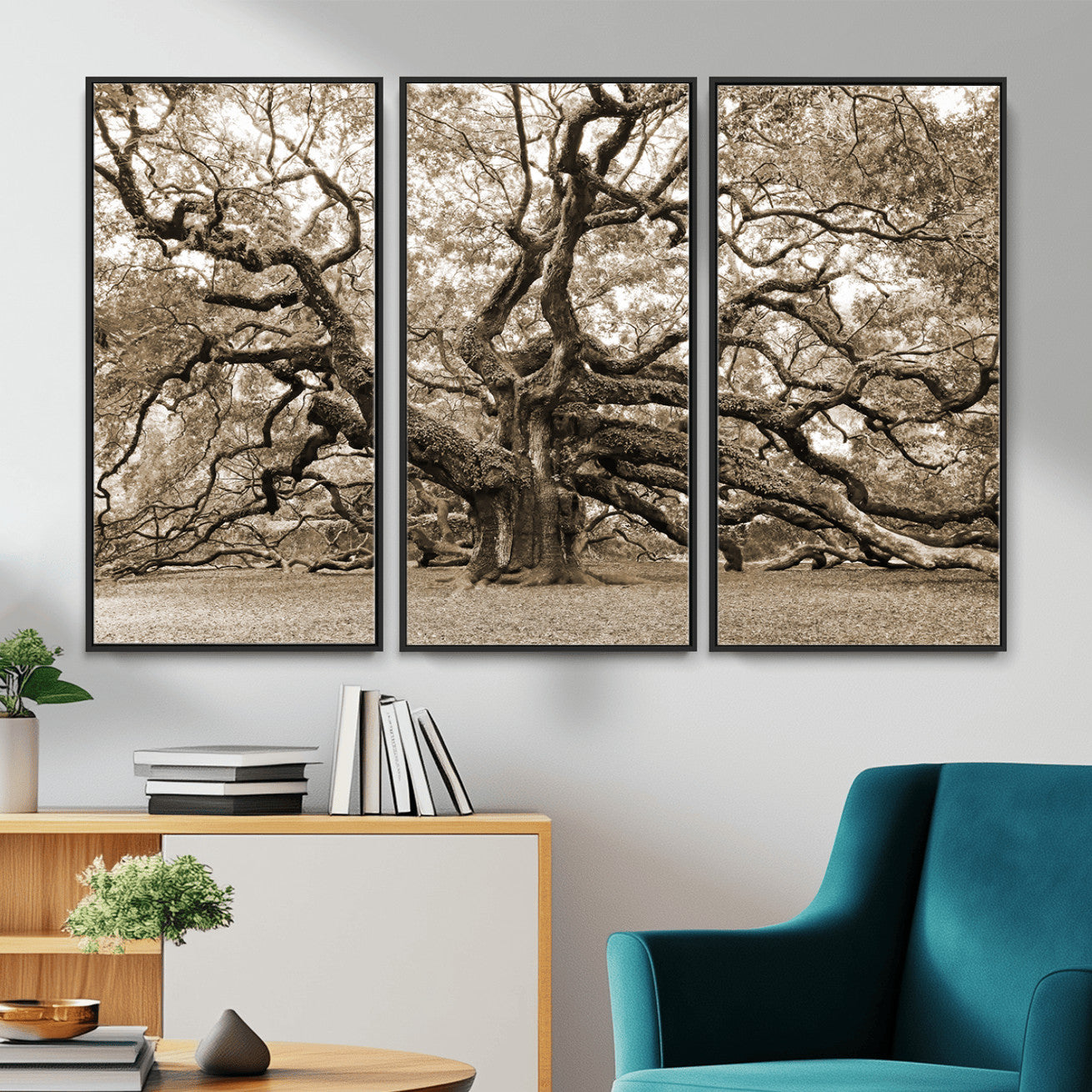 51126-MGV-CV-36X24 - Sepia Framed Angel Oak Tree Wall Art - 3-Panel Canvas Prints, Large Green Nature Artwork, Ready to