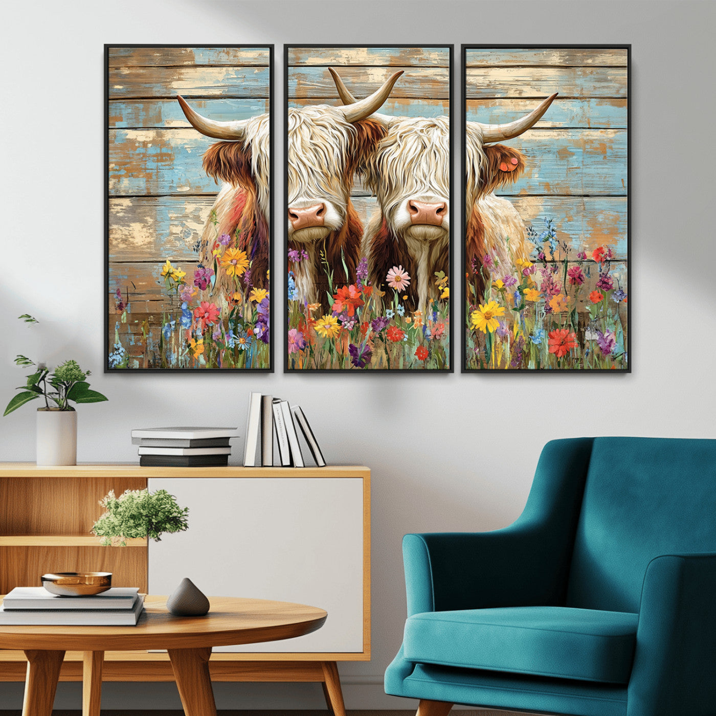 -Cute Highland Cow Canvas Wall Art - Rustic Farmhouse Decor with Colorful Flowers Perfect Wall Art