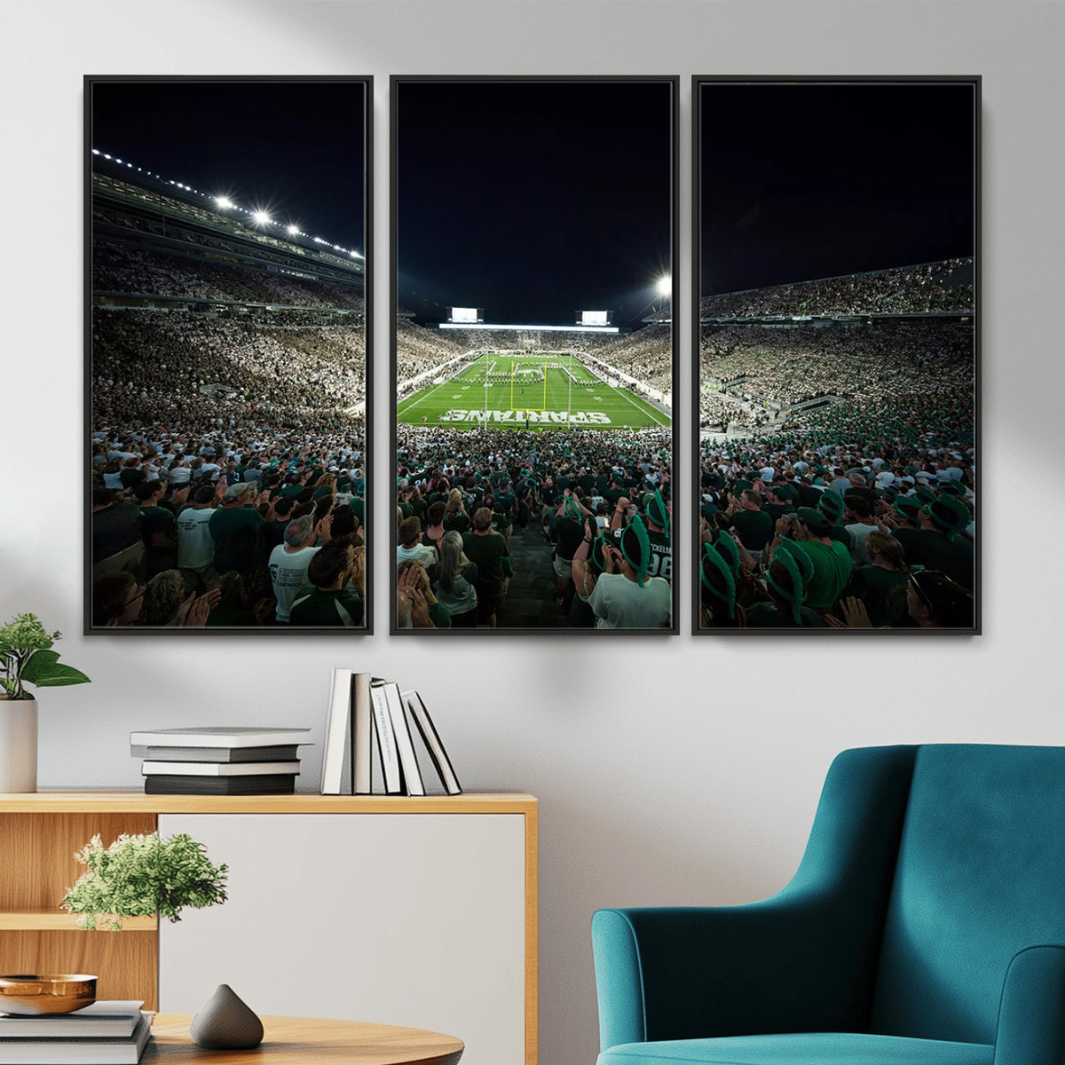57523-PAN-FL-20X10 - Framed Michigan State Spartans Football Team Print - East Lansing Spartan Stadium Wall Art Canvas
