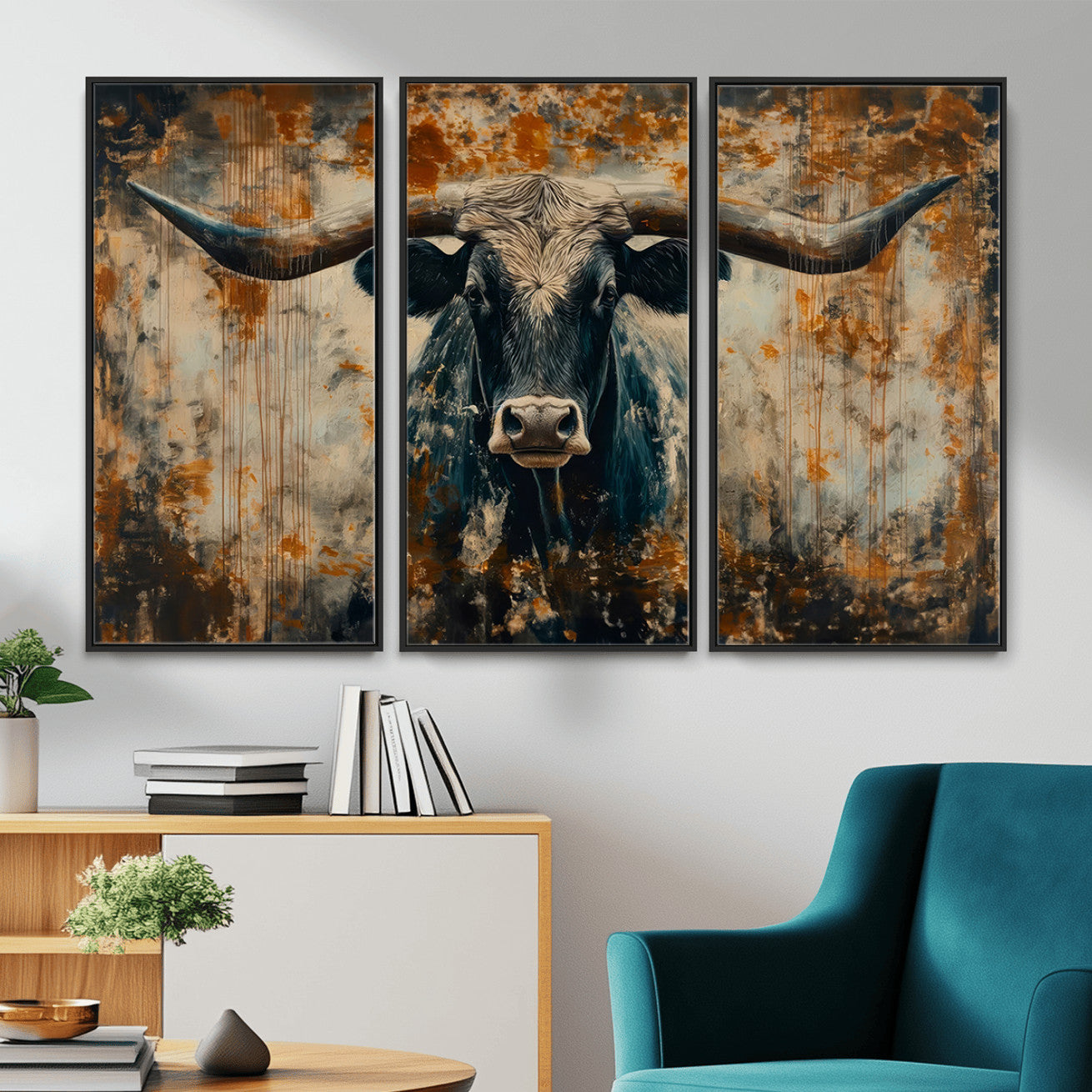 85913-MGV-CV-36X24 - Abstract Longhorn Bull Wall Art | Rustic Western Wall Decor | Framed and Ready to Hang | Ideal for