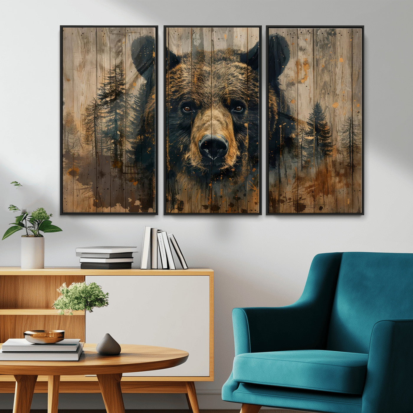 -Abstract 399 Bear Wall Art | Rustic Cabin Wall Decor with Forest Design | Framed and Ready to Hang |