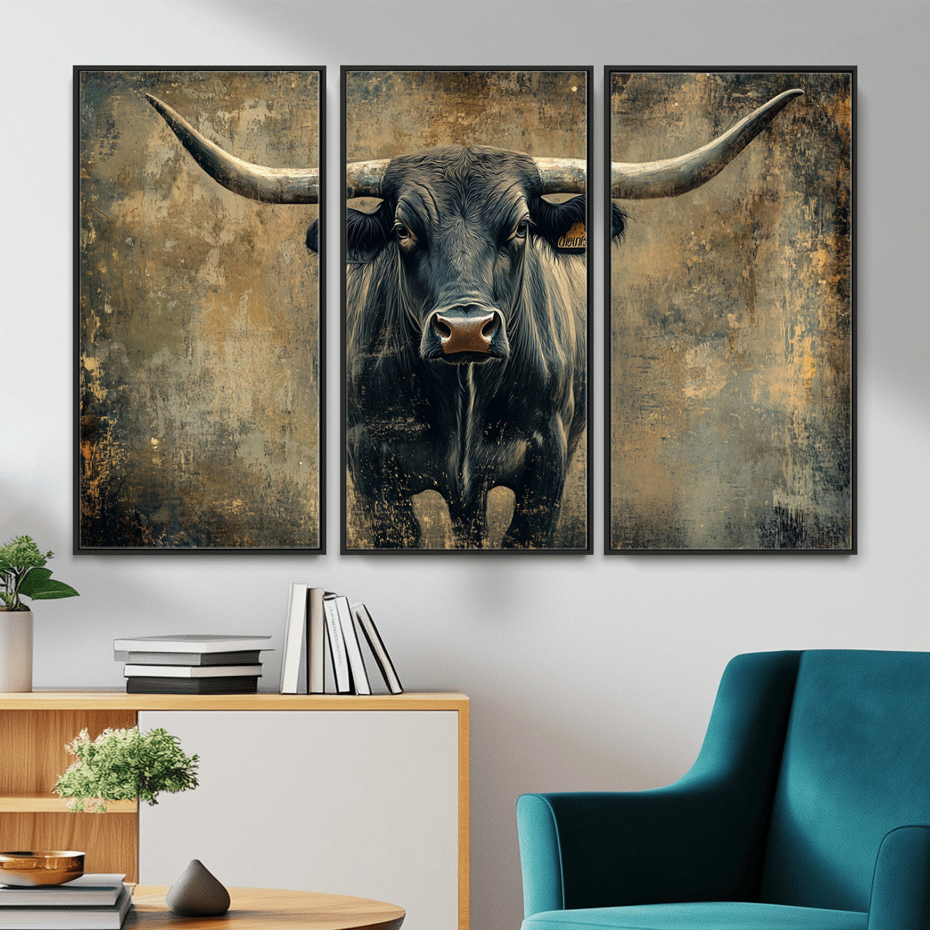 57385-MGV-CV-36X24 - Longhorn Bull Wall Art Canvas Print, Framed Rustic Cow Art Picture Print, Texas Longhorn Perfect Western Decor Artwork