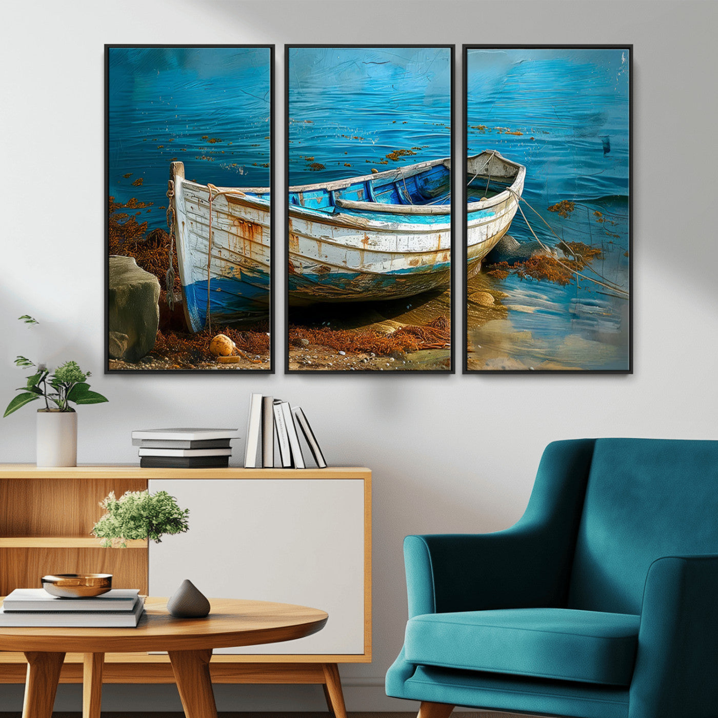 54716-MGV-CV-36X24-Vintage Boat on Tranquil Waters | Coastal Wall Art for Nautical Decor | Rustic Triptych Canvas Print