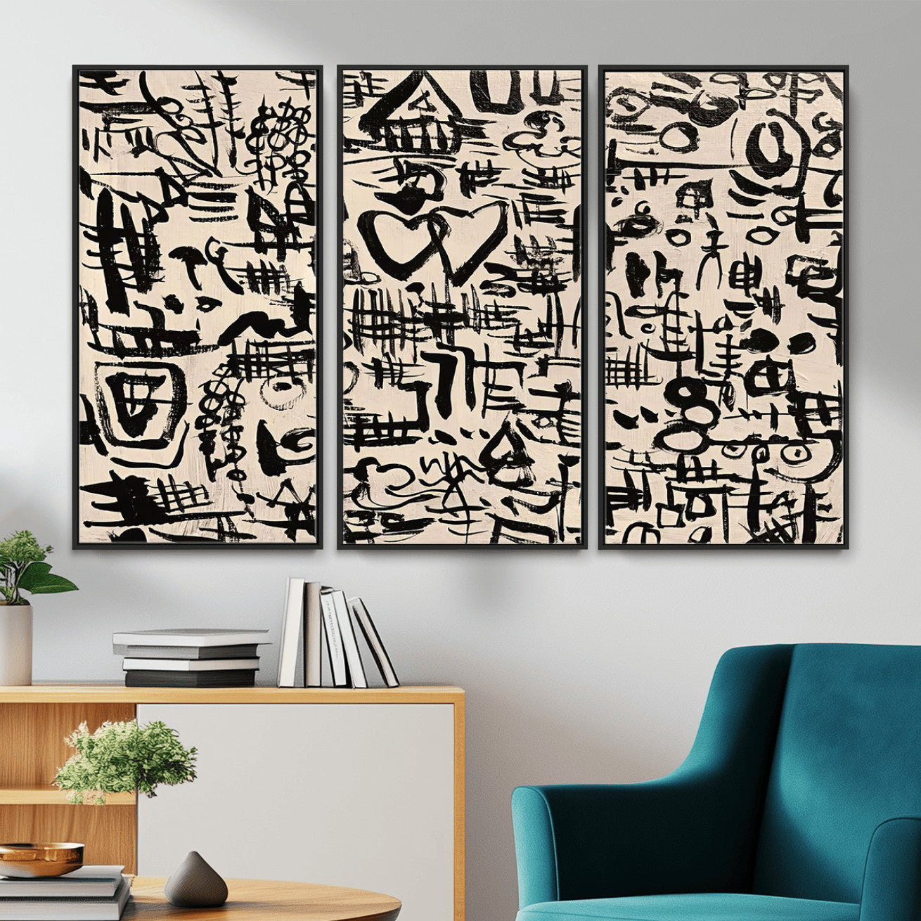68273-MGV-FC-48X32-3P - Abstract Love and Chaos Canvas Print, Black Symbols on Beige