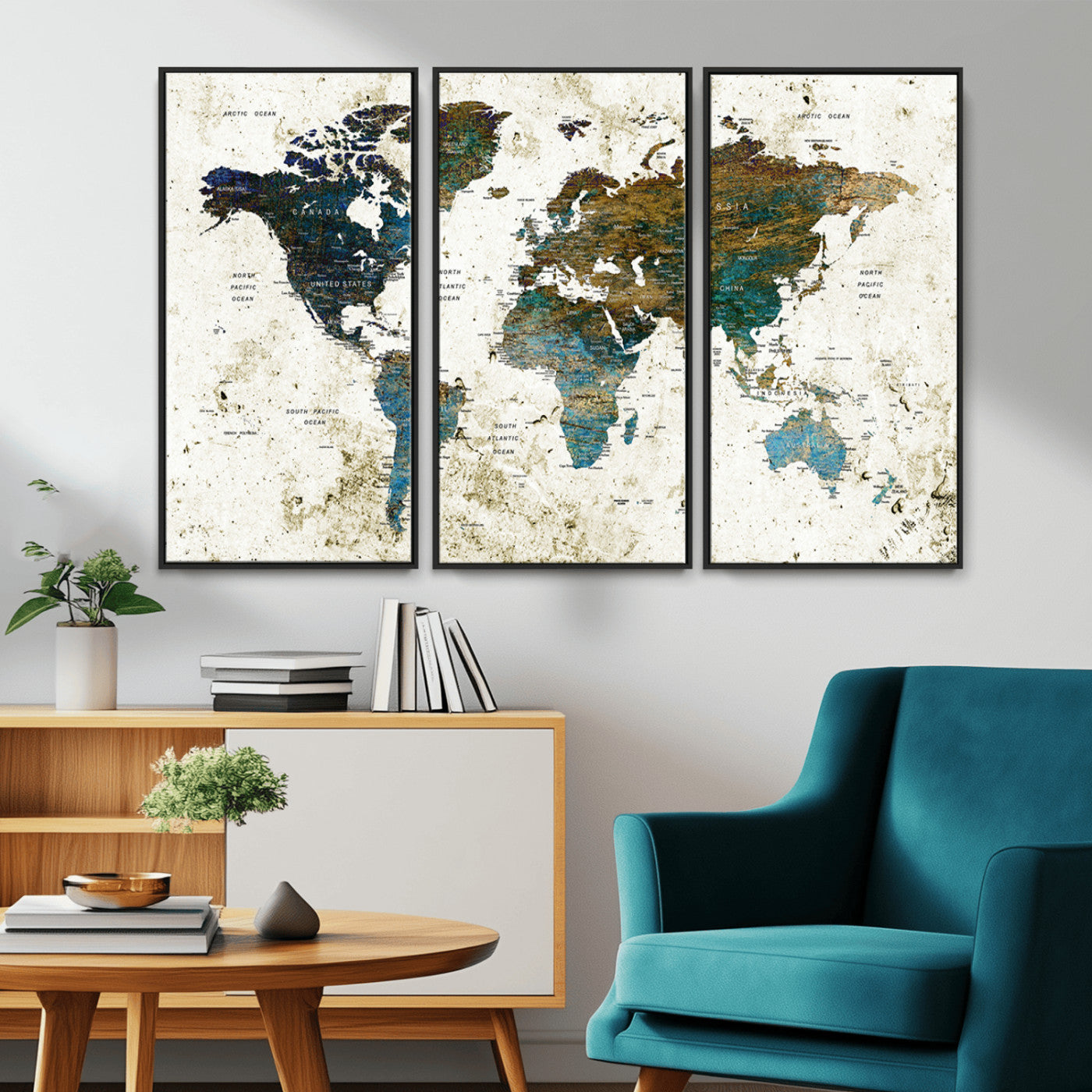 89176-MGV-CV-36X24-Vintage Blue and Brown World Map Canvas Wall Art – Framed Rustic Map Print, Earth Tone Travel Decor for Stylish Home and Office Walls