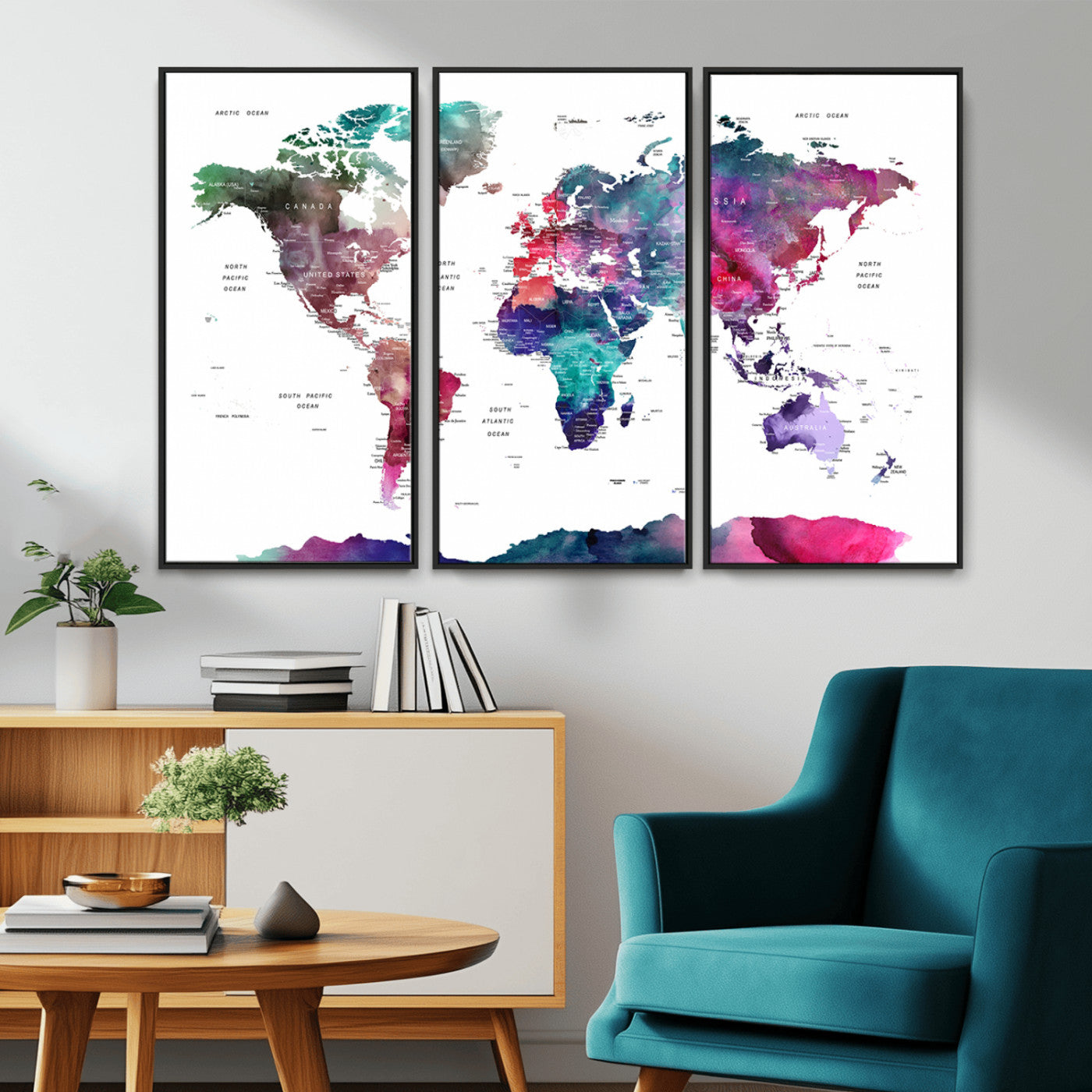 78176-MGV-CV-36X24-Colorful Watercolor World Map Canvas Wall Art – Framed Modern Map Print, Vibrant Travel Inspired Artwork for Home and Office Decor