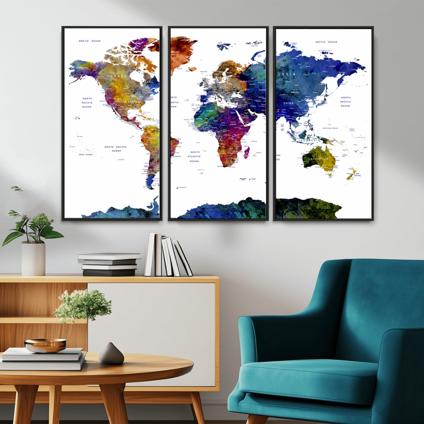 90446-MGV-CV-36X24-Colorful Watercolor World Map Canvas Wall Art – Framed Modern Push Pin Travel Map for Home and Office Decor