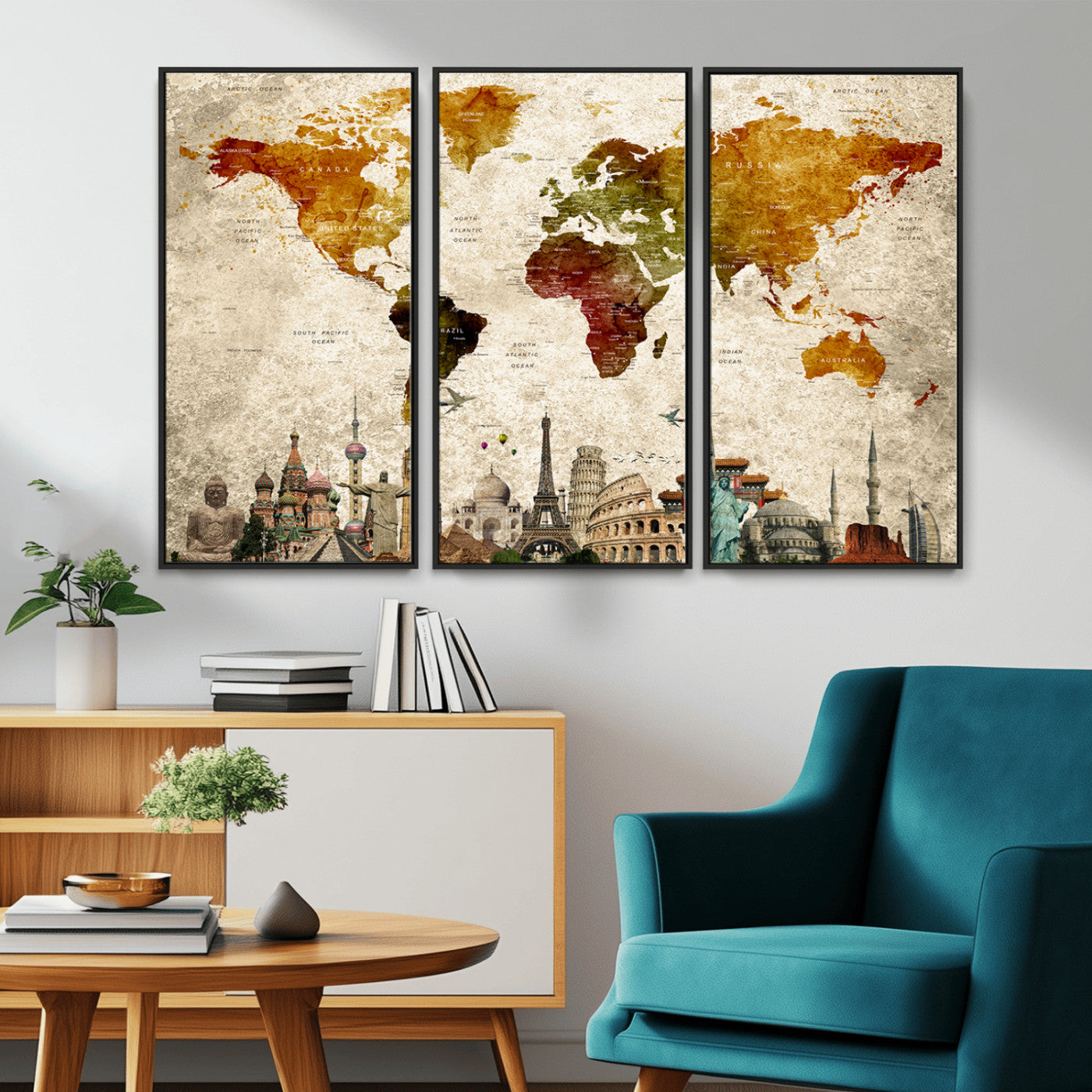 -Push Pin World Map Canvas Print – Framed Travel Map Wall Art for Couples, Anniversary Gift, Modern Home or Office Decor