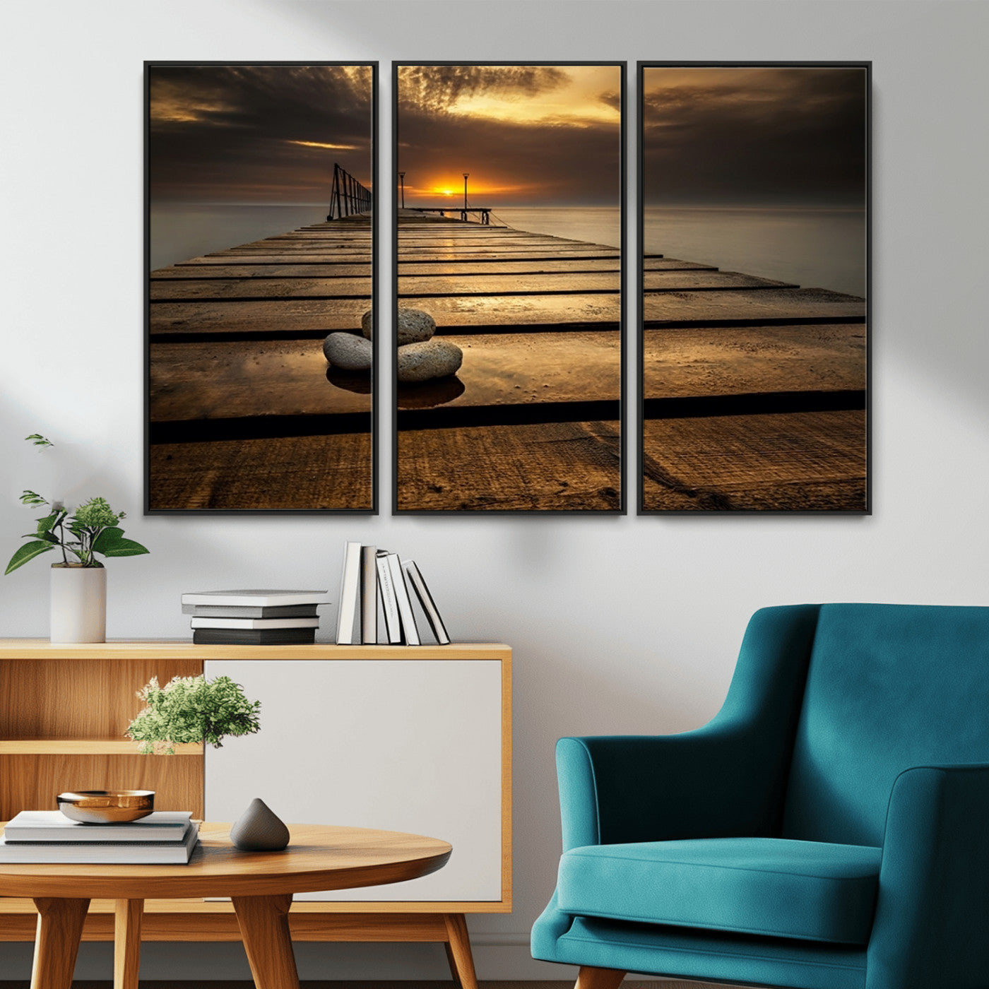 -Stones on Wooden Pier at Sunset Canvas Print, Serene Coastal Wall Art, Beach Sunset Photography,