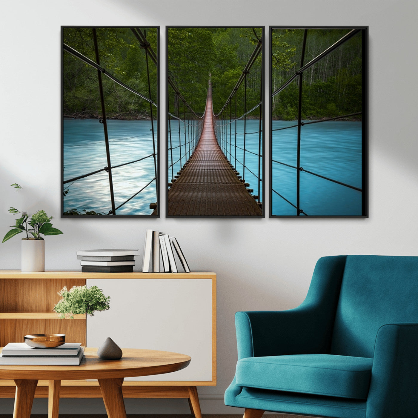 -Suspension Bridge Over River Canvas Art | 3-Panel Nature Photography | Scenic Wall Art for Living