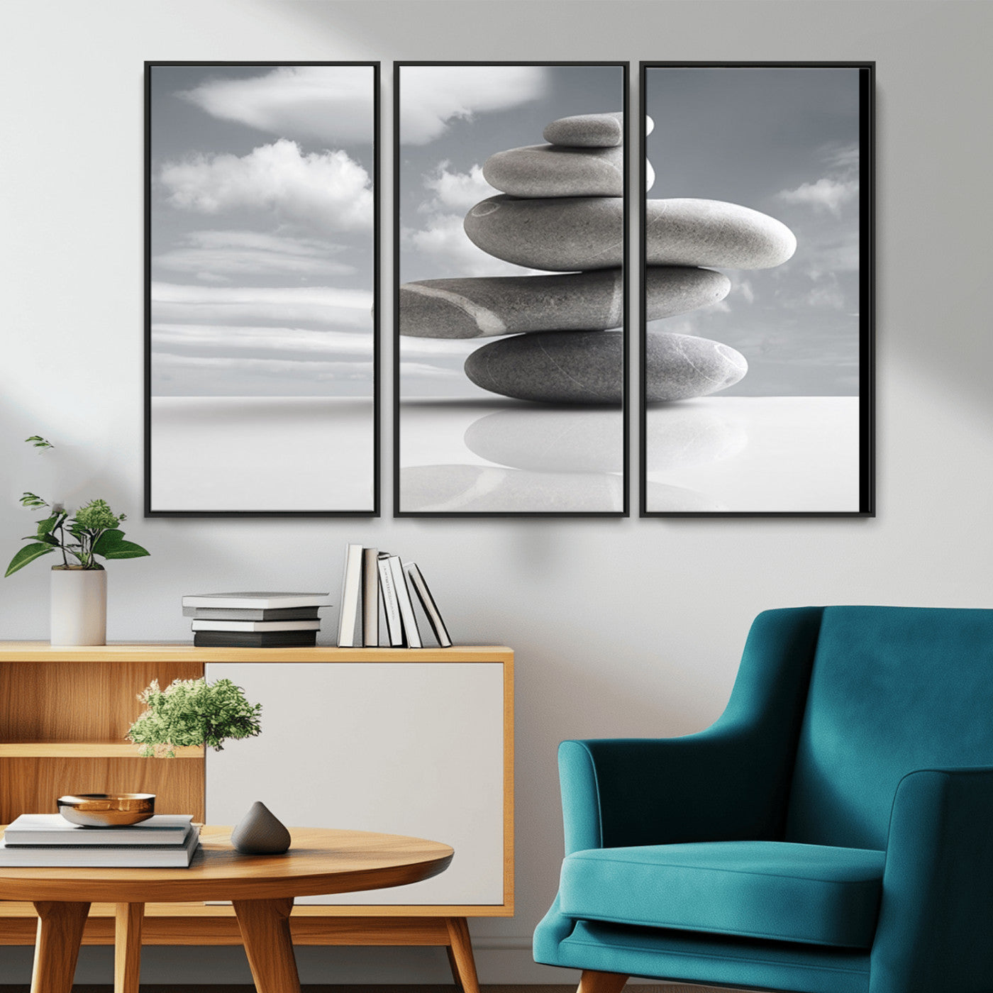 -Still Life Black and White Zen Stones Wall Art Canvas, Framed Black and White Zen Stones Canvas