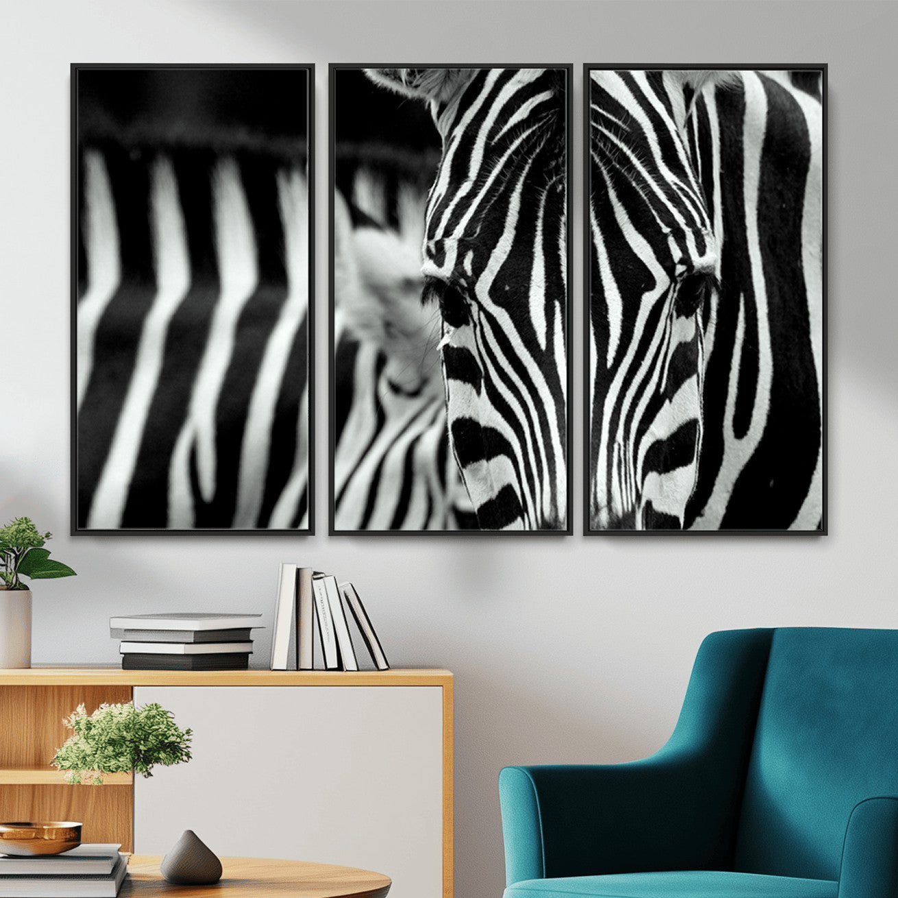 MGV-FC-48X32-3P - Zebra Wall Art – Close Up Black and White Animal Print, Bold Safari Decor for Living Room, Office, or Bedroom