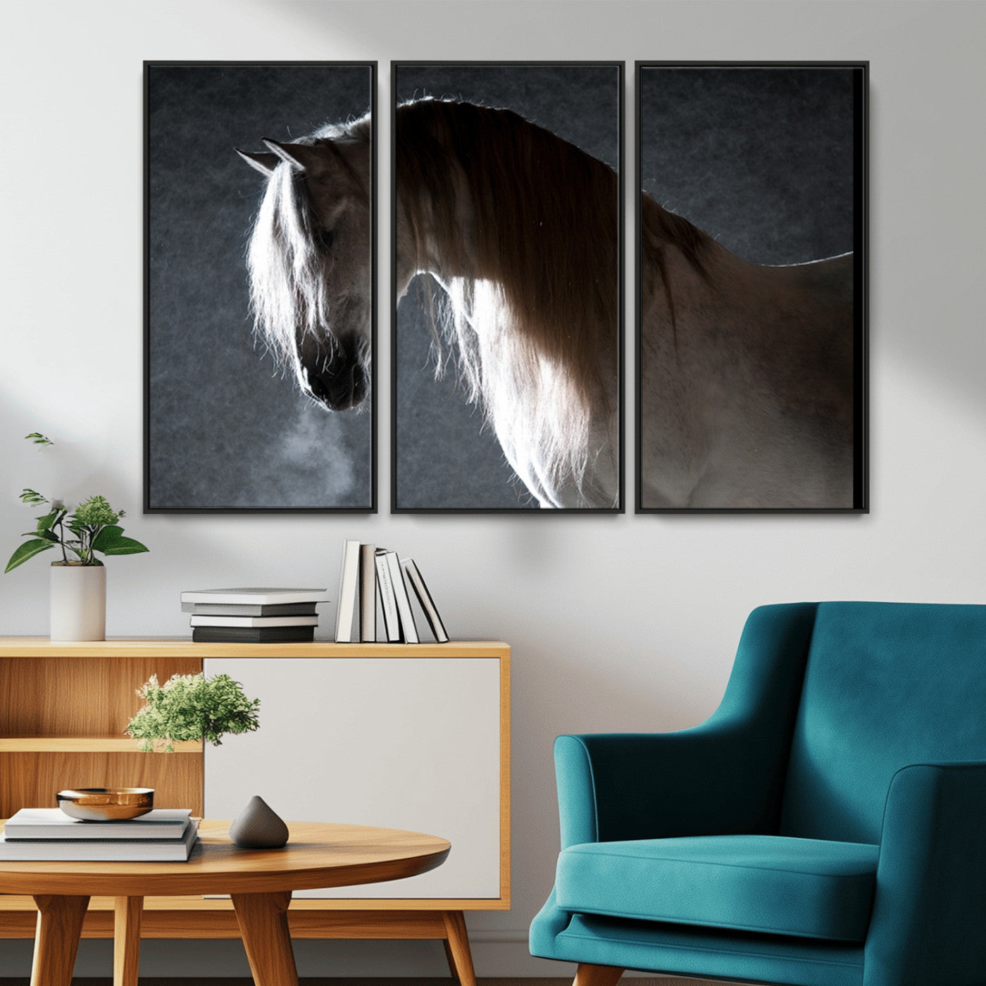 -Large Wall Art Cream Colored Horse on Grey Background Canvas Print
