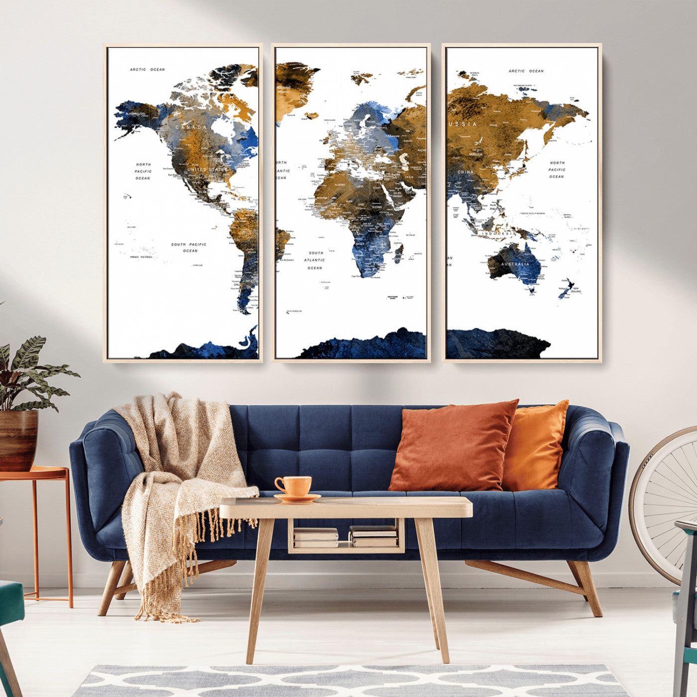 56231-MGV-CV-36X24-Navy and Gold World Map Canvas Wall Art – Framed Modern World Map Print, Elegant Travel Inspired Artwork for Home and Office Decor