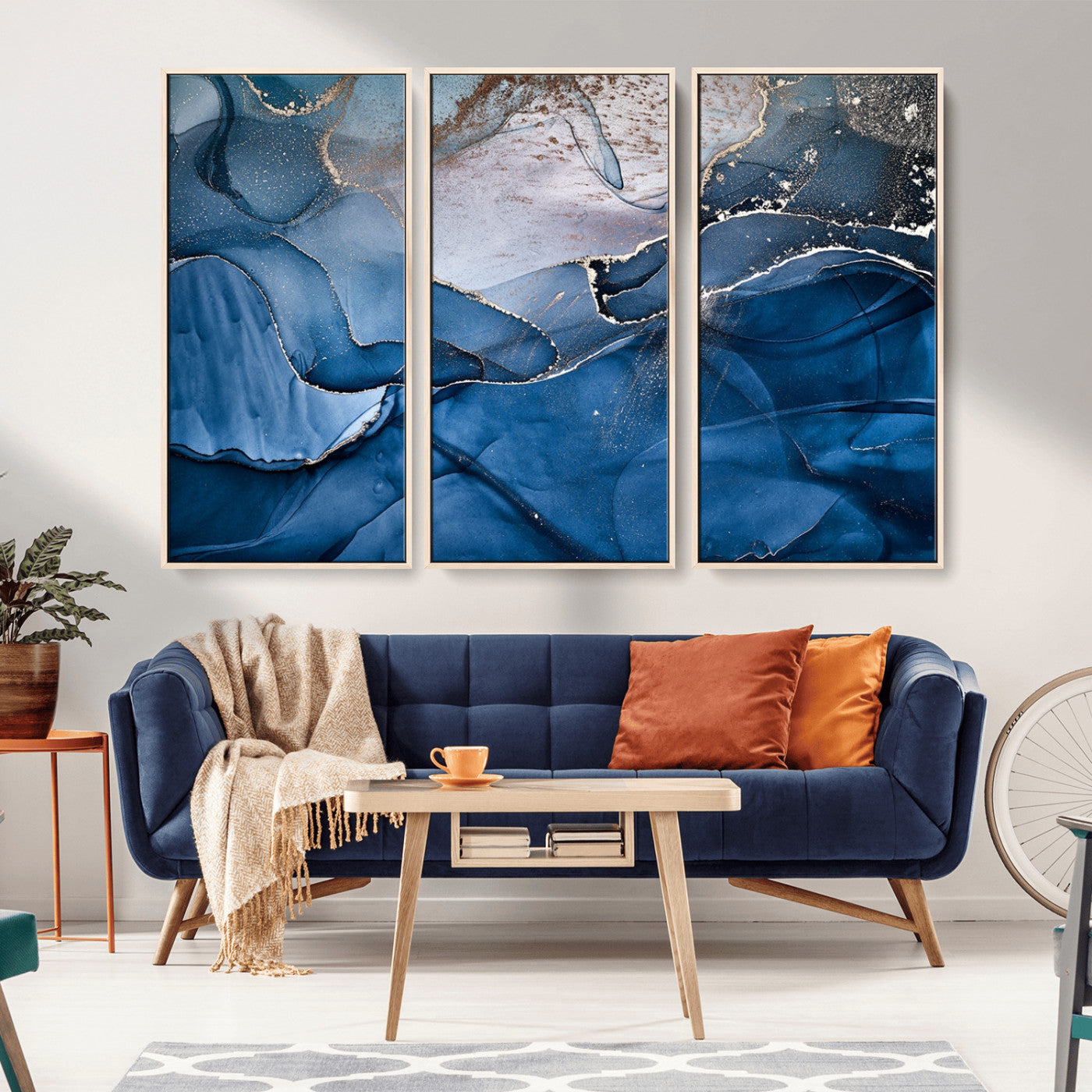 -Navy Blue Canvas Art Abstract Print – Elegant Triptych Modern Art Print – Contemporary Decor for Living Room or Office