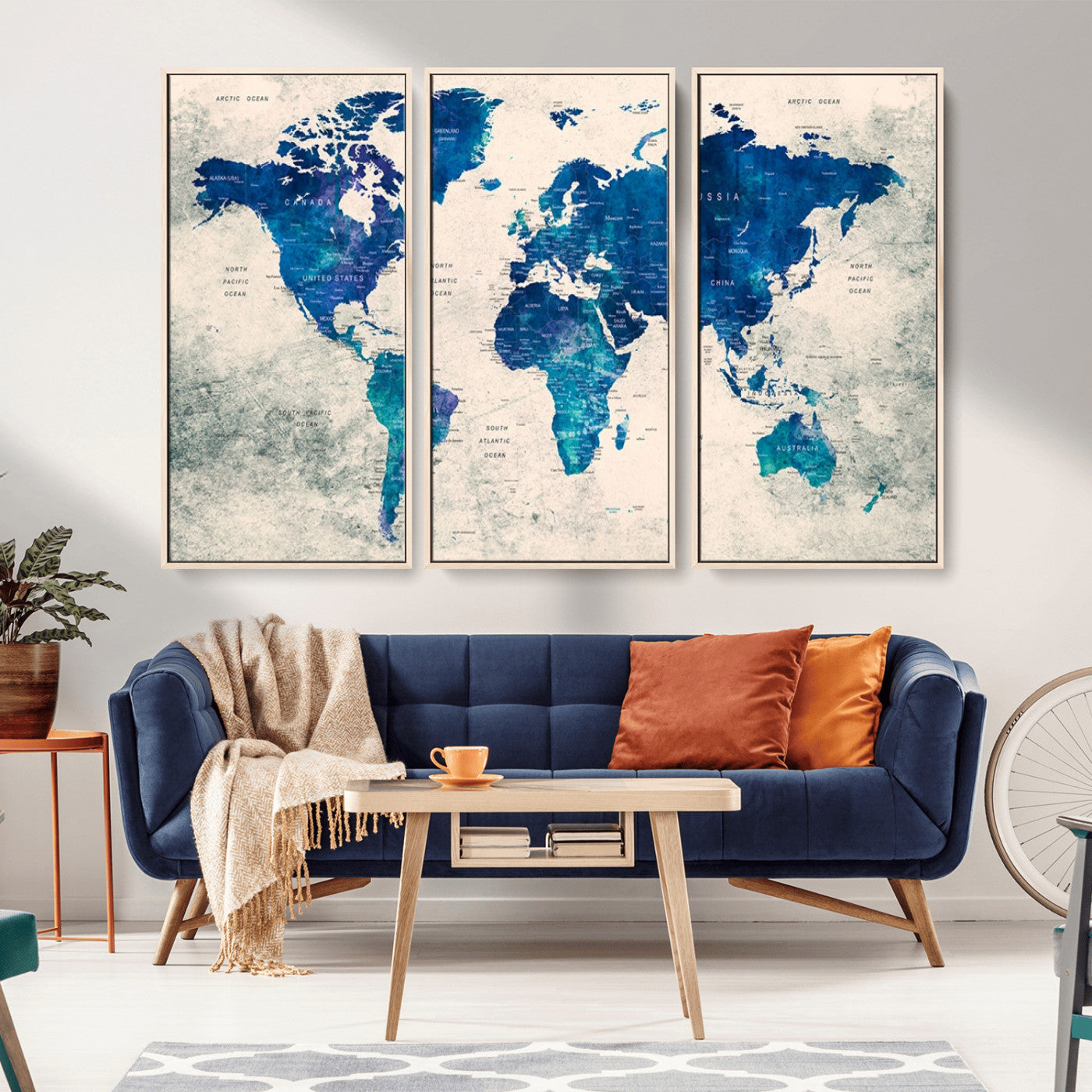 -Blue Watercolor World Map Canvas Print – Framed Modern Wall Art, Elegant Push Pin Travel Map Decor for Home Office or Living Room