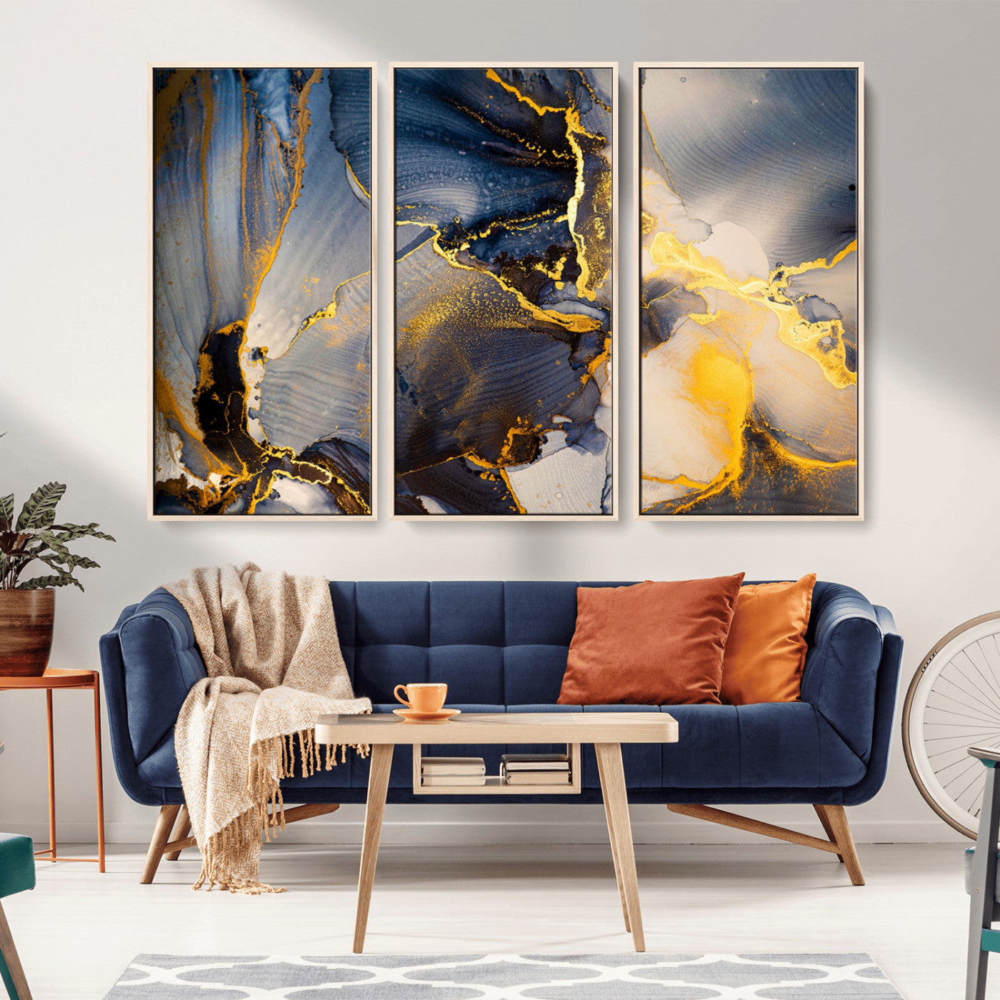 42100-MGV-CV-36X24-Large Abstract Wall Art Print - Gold and Blue Abstract Canvas Wall Art | Fluid Ink Modern Luxury