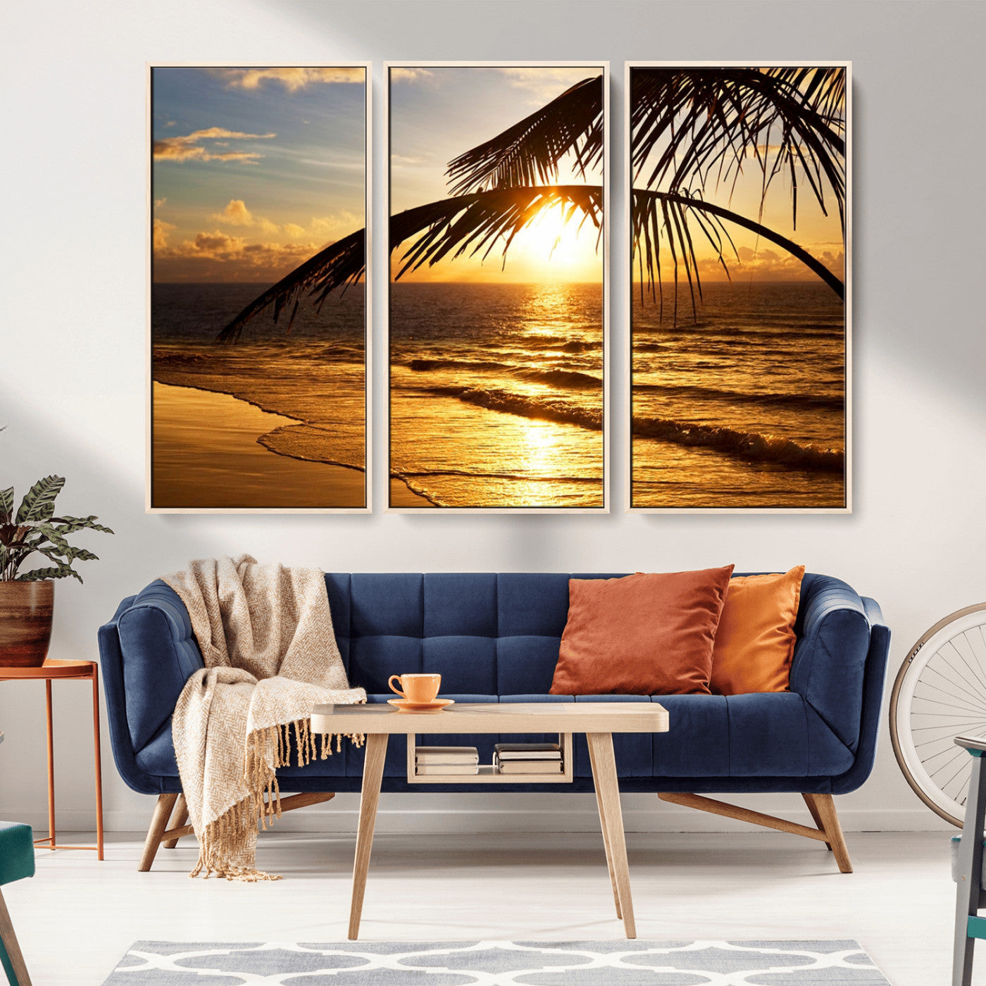 -Golden Tropical Beach Sunset Canvas Triptych, Coastal Palm Tree Wall Art, Ocean Shoreline Giclee