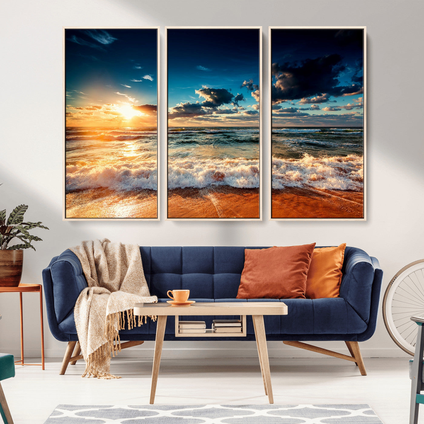 -Golden Hour Sunset Over Ocean Waves Wall Art Canvas Print | 3 Panel Coastal Landscape Canvas Wall