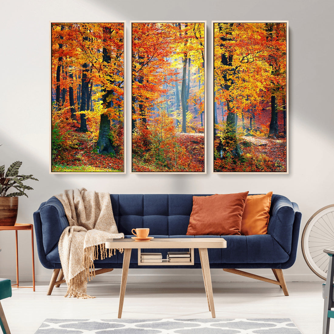 Autumn Red Forest Triptych Canvas Wall Art Print, Forest Wall Decor, Fall Landscape Art