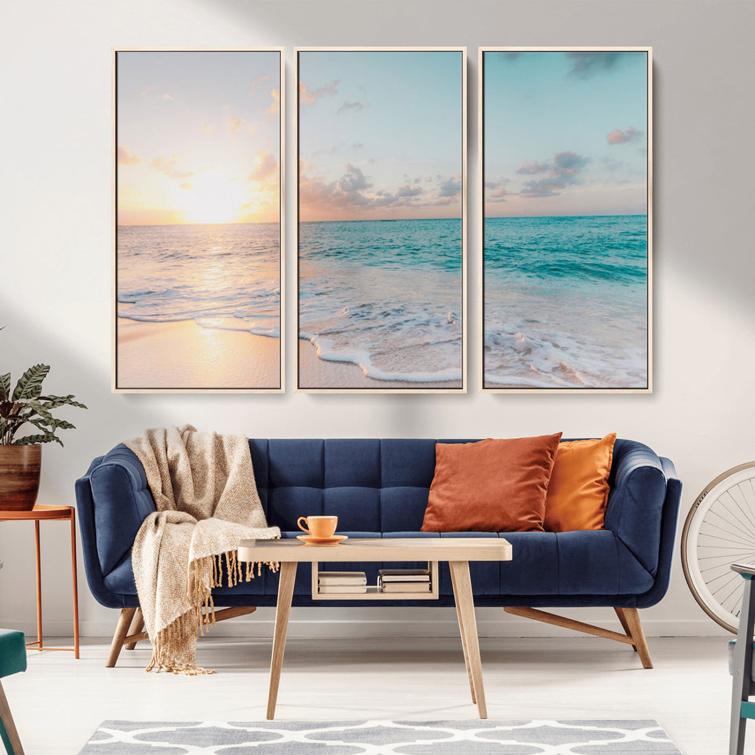 Tranquil Ocean Beach Sunset Canvas Wall Art | 3-Panel Coastal Decor