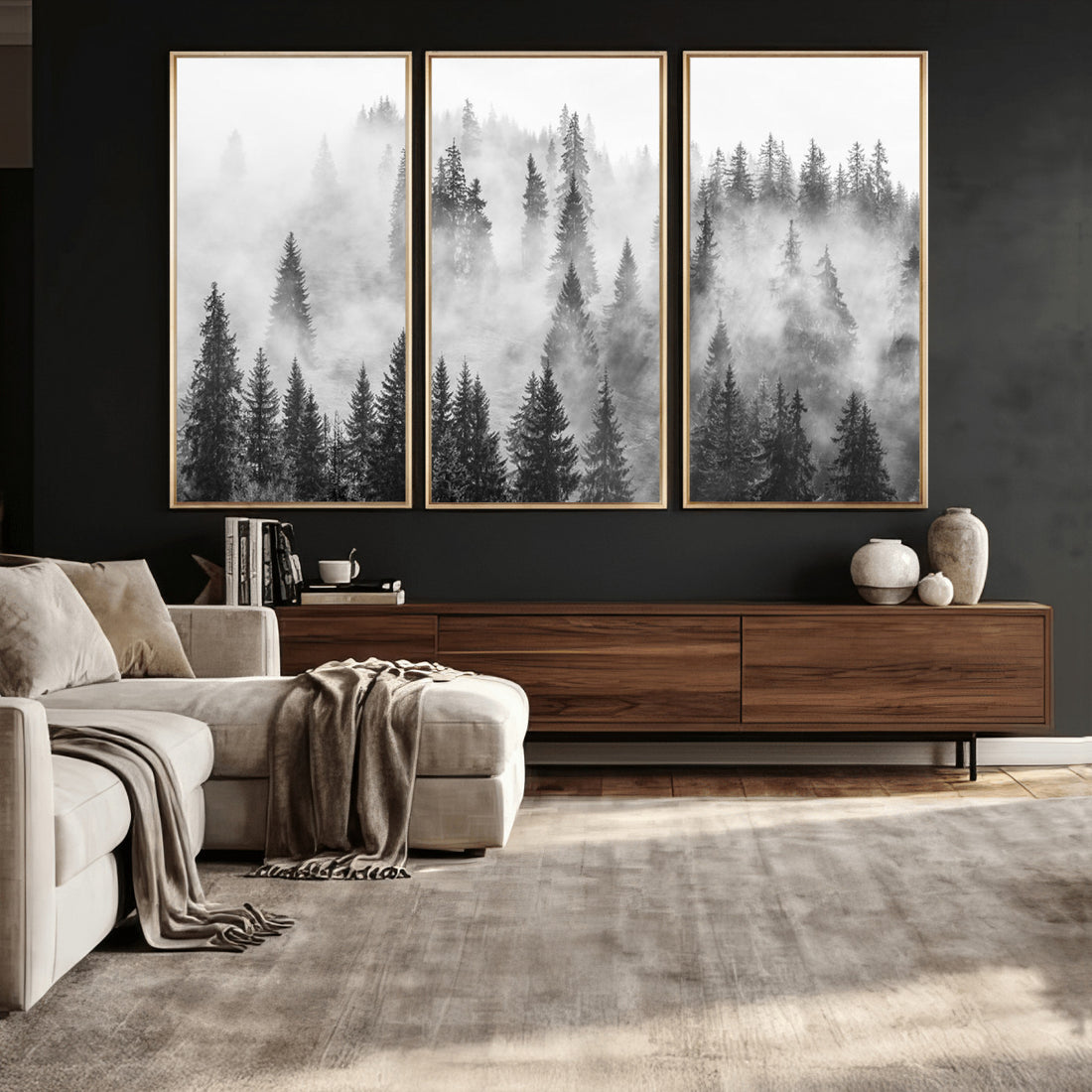 Forest Wall Art Print | Foggy Pine Forest Canvas Wall Art, Black and White Nature Decor