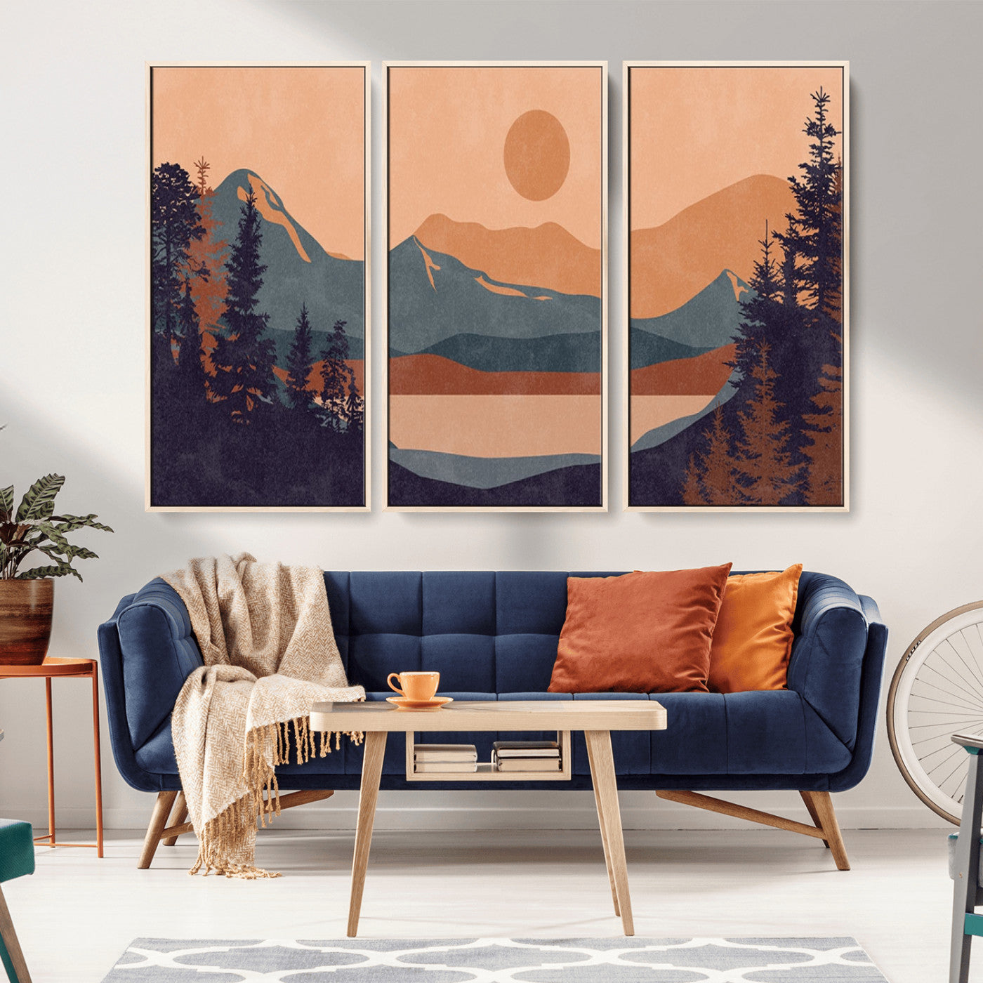 62795-MGV-CV-36X24-Modern Boho Sunset Canvas Print, Mountain Landscape Triptych – Giclée Canvas Art Print for Living