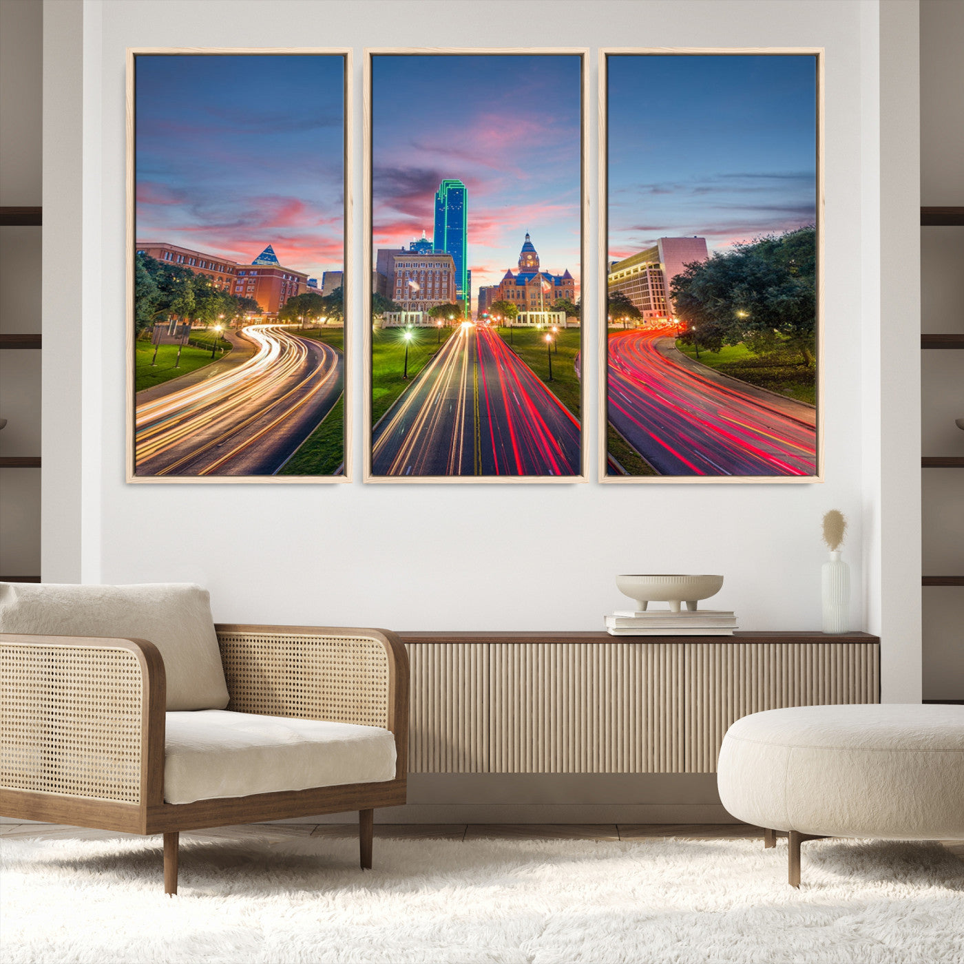 33960-MGV-FC-60X40-3P_Natural-Dallas City Lights Large Wall Art Dallas Cityscape Canvas Print Framed Living Room Decor