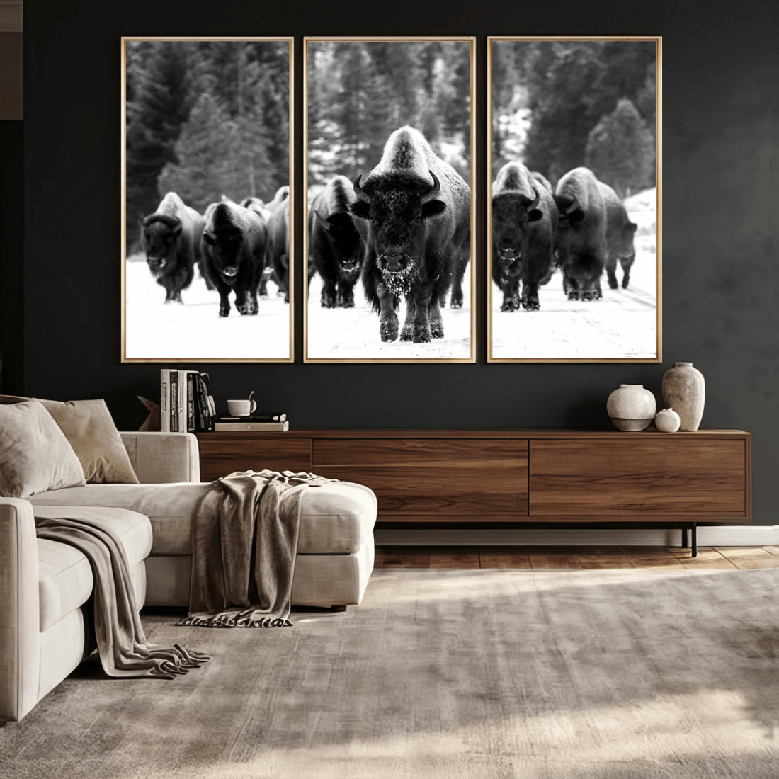 Bison Herd in Snow Wall Art Canvas Print | Rustic Western Bison Wall Art for Living Room and Farmhouse Decor