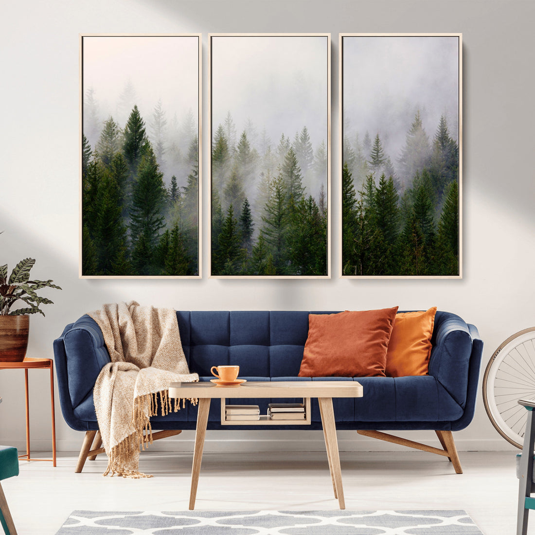 Misty Pine Forest Wall Art Canvas Print | 3 Panel Green Woodland Nature Decor