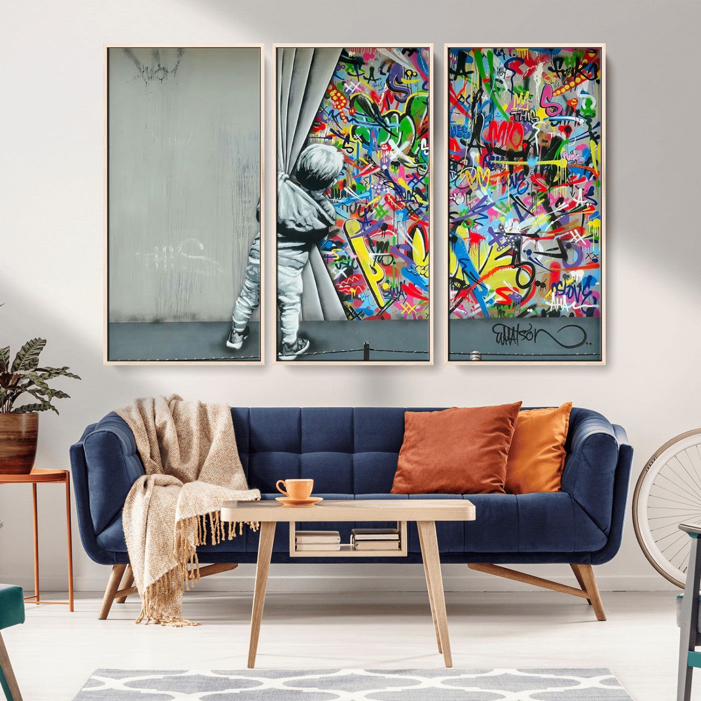 51713-MGV-CV-36X24-Banksy Colorful Street Graffiti Canvas Wall Art Print, Modern Art Triptych, Child and Graffiti Wall,