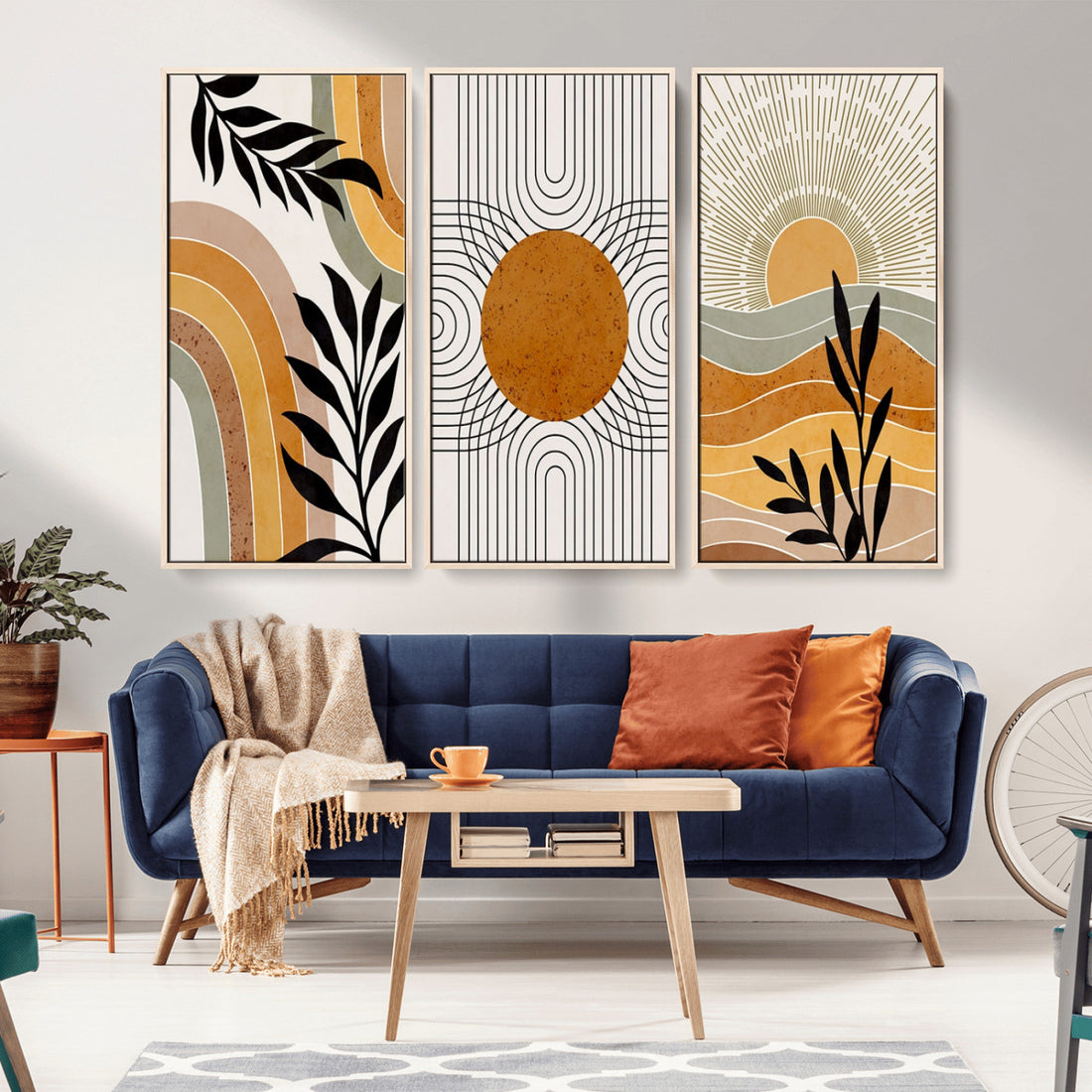Modern Boho Sun and Leaf Abstract Art | 3 Panel Giclee Canvas for Mid Century Modern or Bohemian Decor