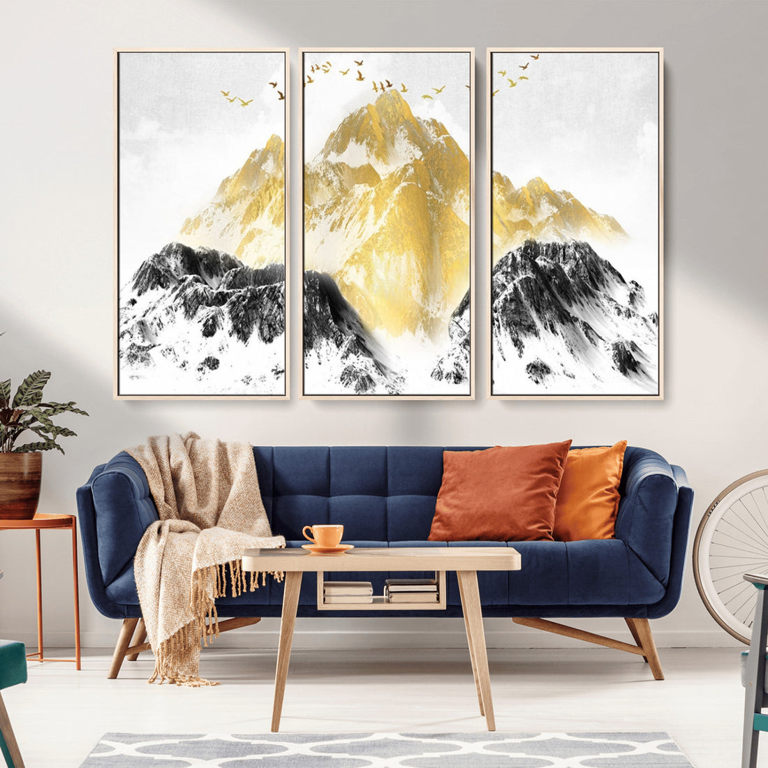 Golden Mountain Triptych Wall Art Canvas Print, Modern Gold and Black Landscape Decor
