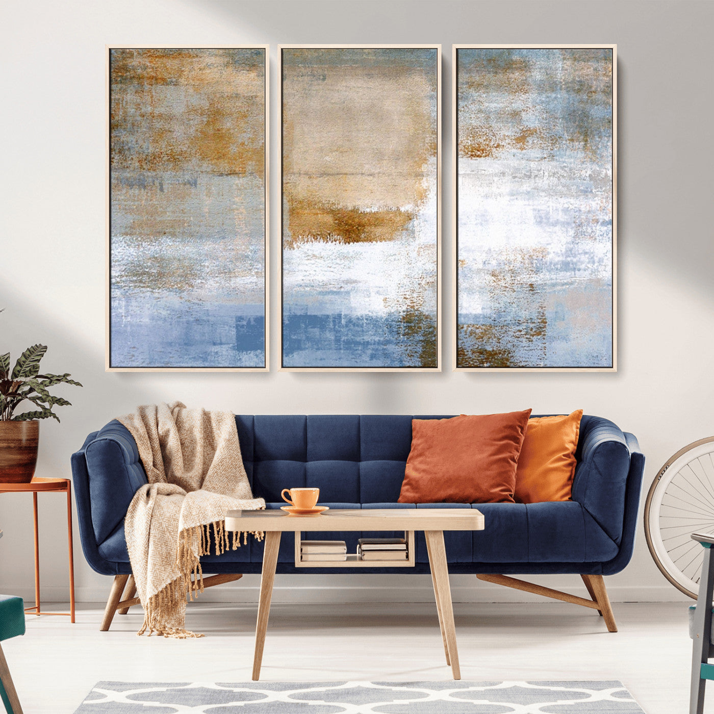72354-MGV-CV-36X24-Blue Multi Panel Abstract Wall Art Canvas, Abstract Blue and Gold Canvas Print