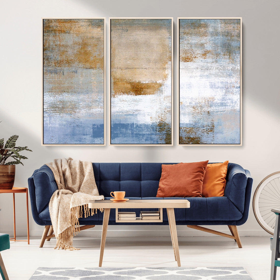 Blue Multi Panel Abstract Wall Art Canvas, Abstract Blue and Gold Canvas Print