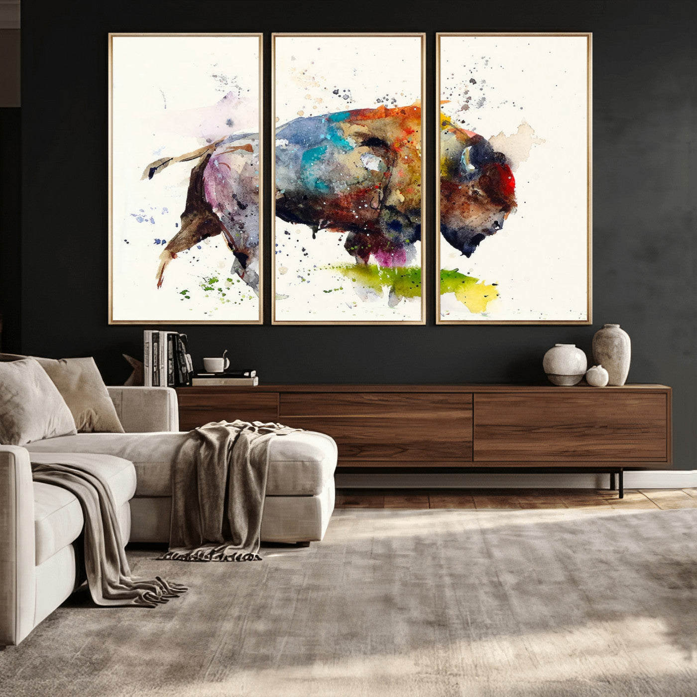 44504-MGV-CV-36X24 - Abstract Buffalo Wall Art, Western Watercolor Bison Canvas Print, Rustic Buffalo Art for Cowboy and