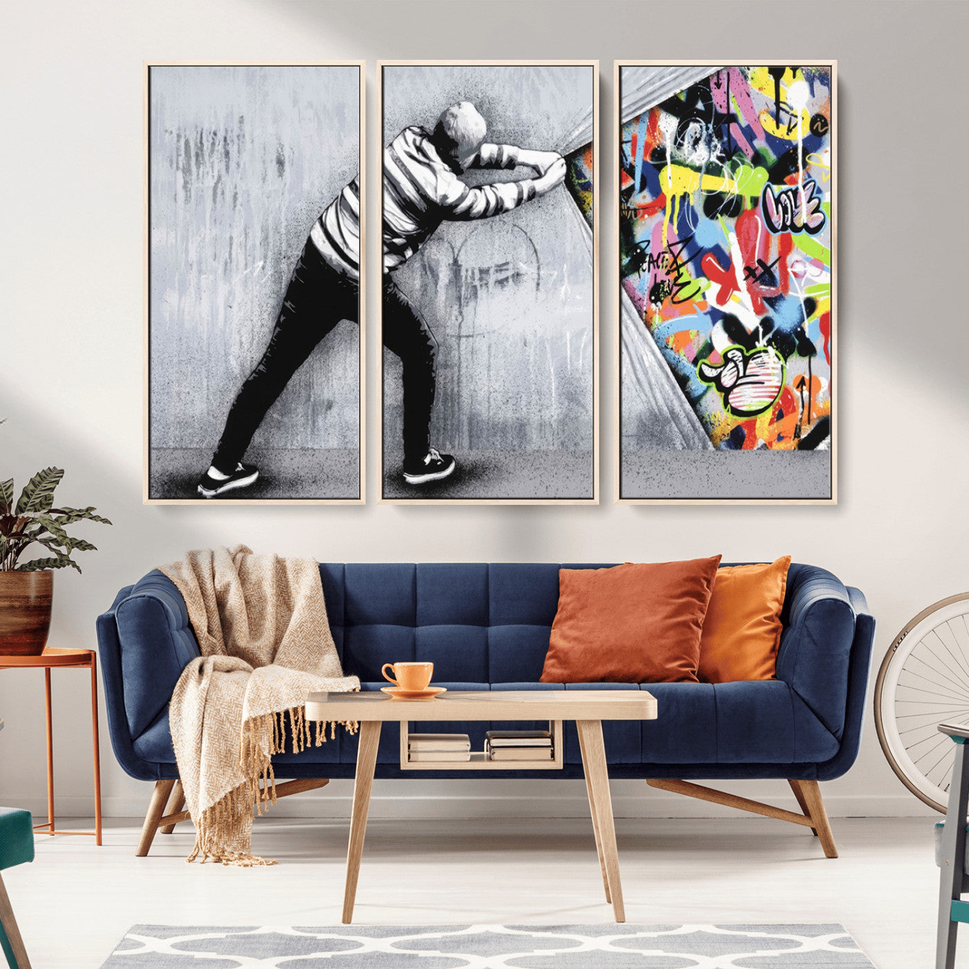 52252-MGV-CV-36X24-Banksy Art Behind the Curtain Street Wall Art Canvas Print | 3-Panel Urban Graffiti-Inspired Wall