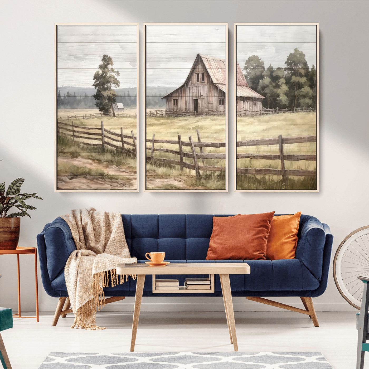 87489-MGV-CV-36X24-Rustic Farmhouse Barn Wall Art | 3-Panel Framed Gallery Wrap Giclee Canvas Print for Living Room,