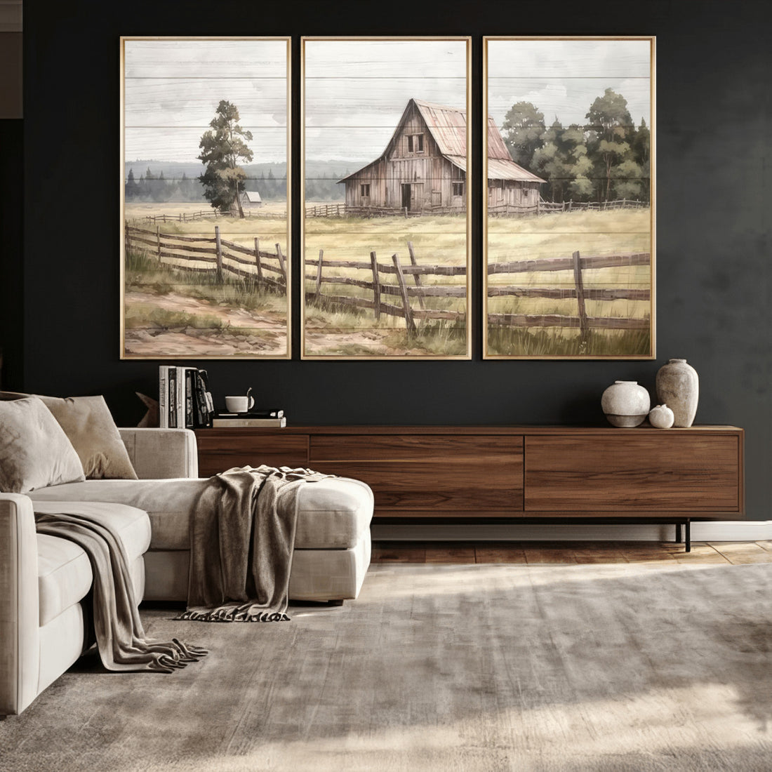 Rustic Farmhouse Barn Wall Art, 3-Panel Framed Gallery Wrap Canvas Print