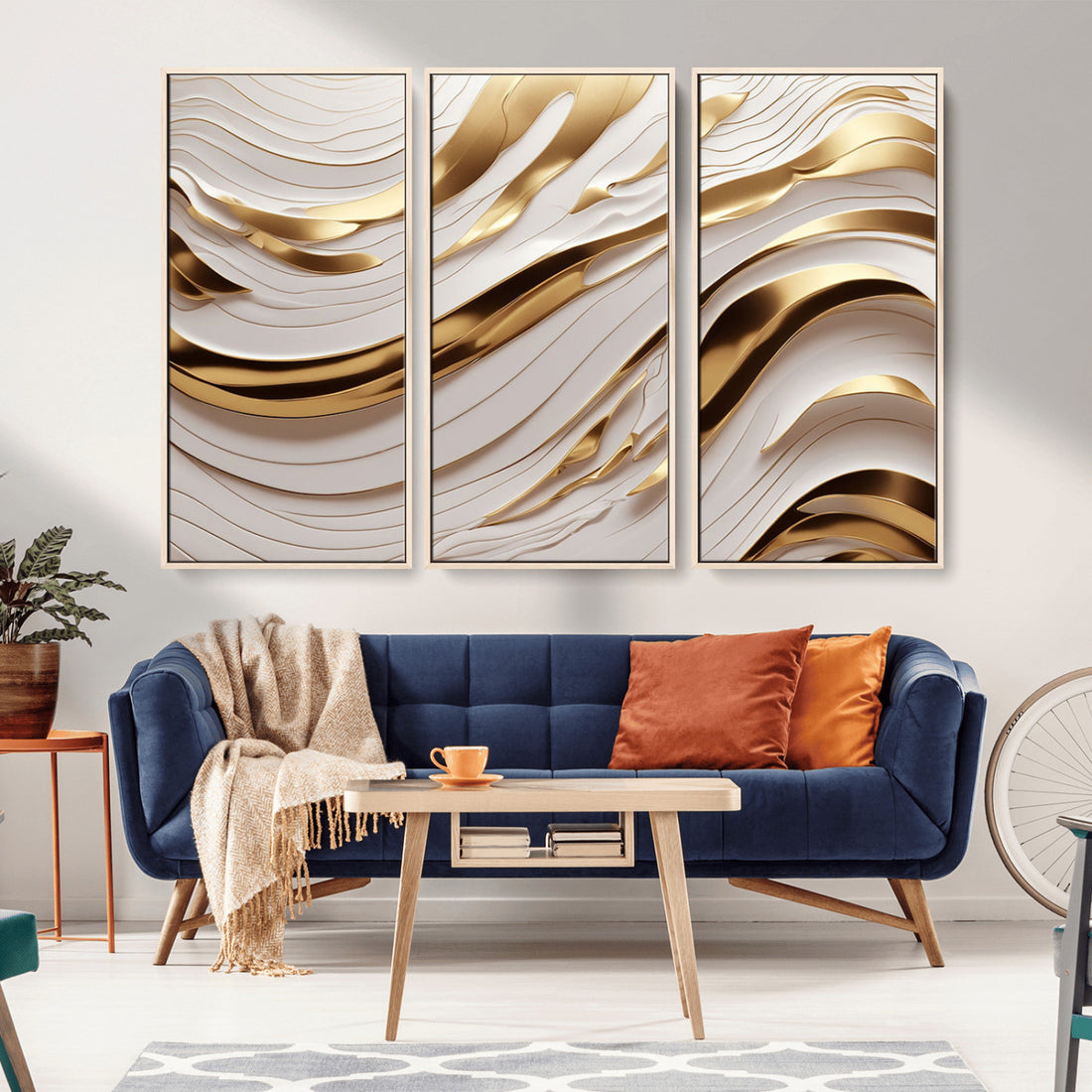 Gold and White Abstract Wave Canvas | Elegant Flowing Design with Golden Accents