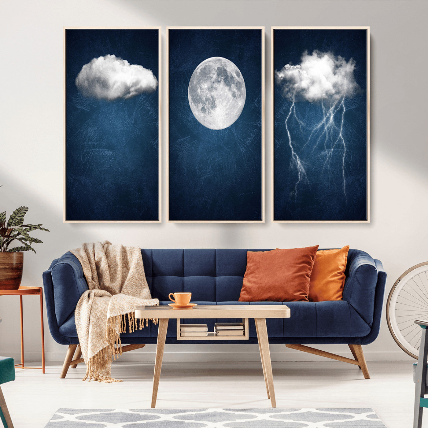 96569-MGV-CV-36X24-Dark Blue Cloud Art, 3 Piece Indigo Blue Wall Art, Aesthetic Surreal Art, Thunderstorm Moon Cloud