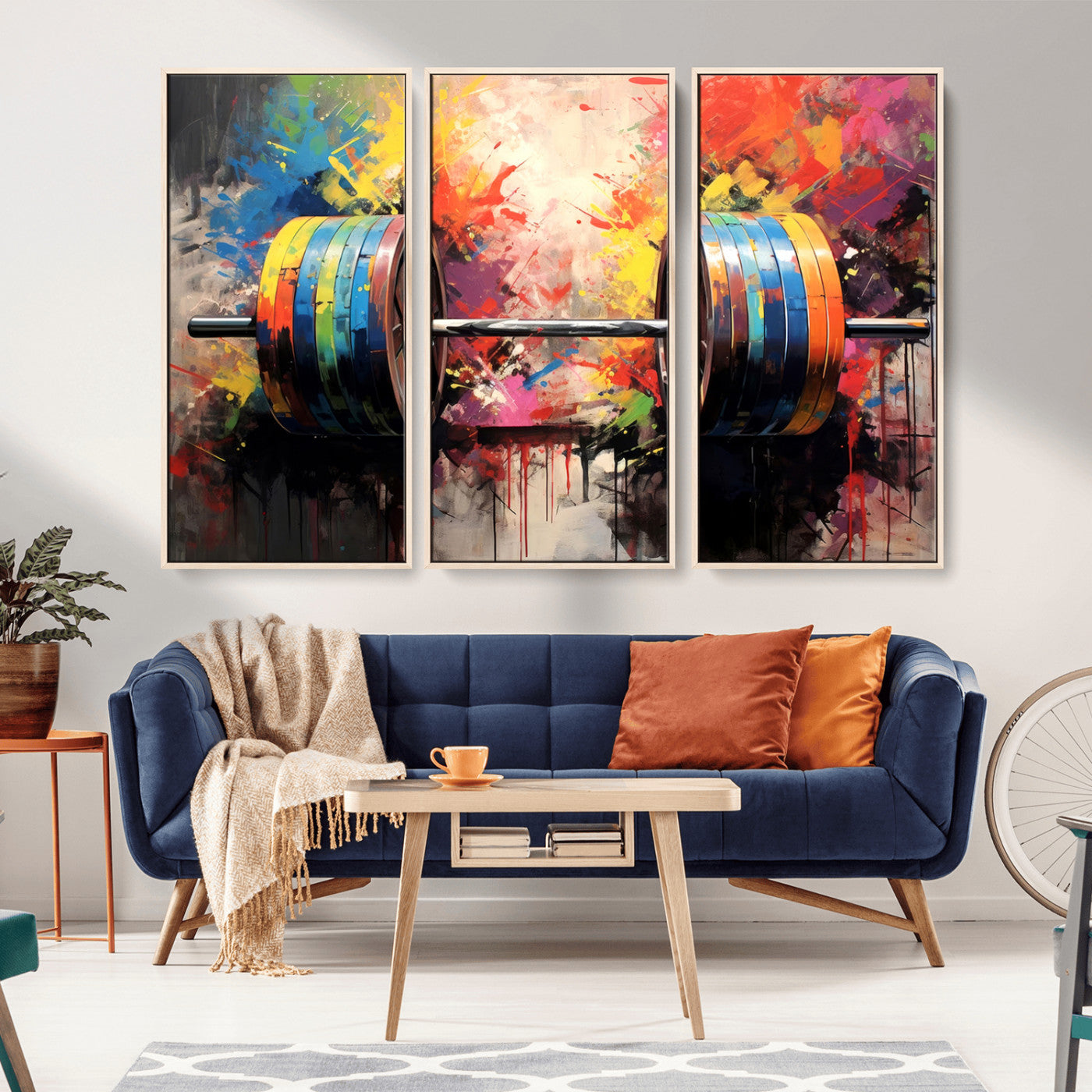 80436-MGV-CV-36X24-Weightlifting Barbell Art Triptych, Bold Abstract Fitness Wall Decor for Gym or Home, Giclee Canvas