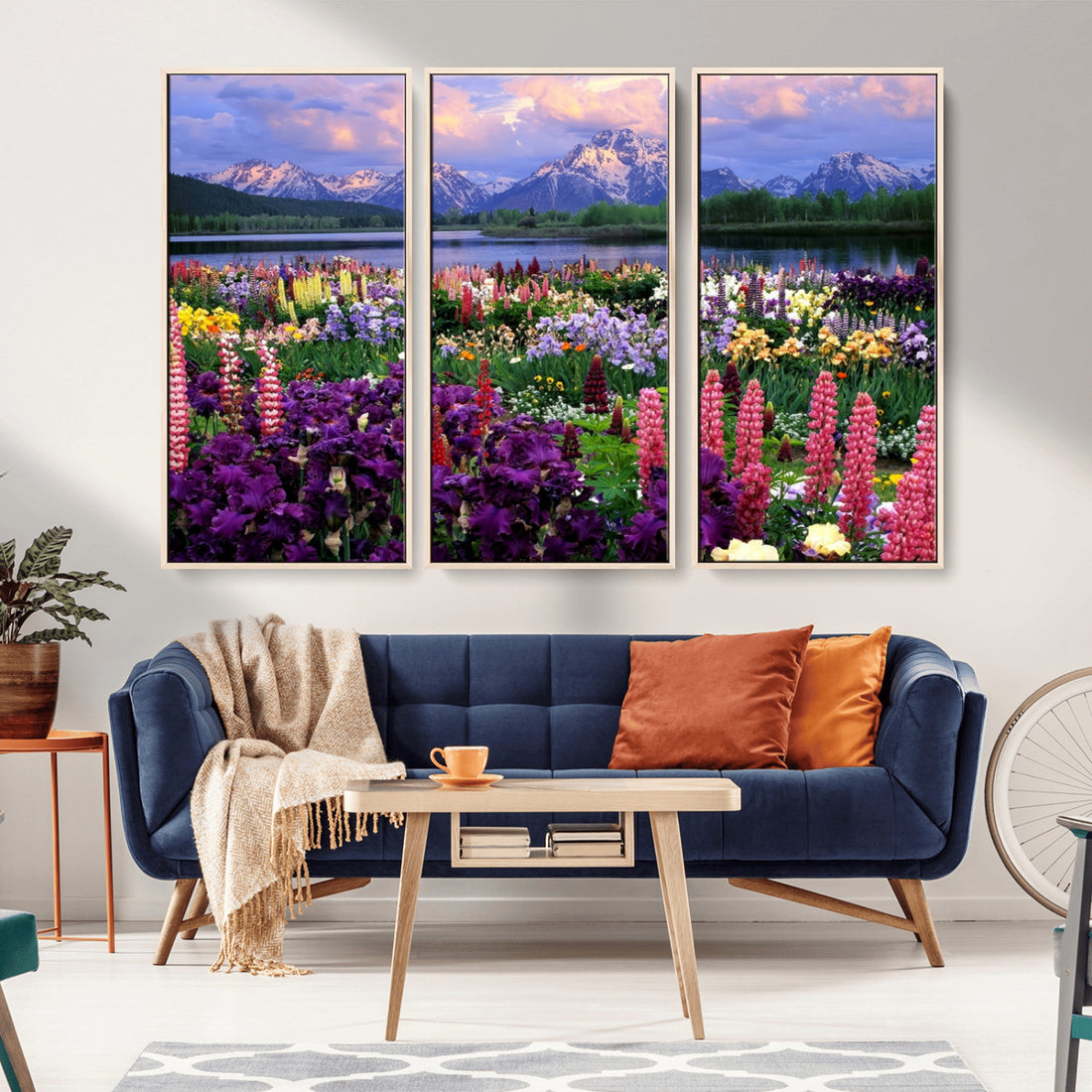Wildflower Canvas Print, Blooming Floral Meadows with Majestic Mountain Backdrop