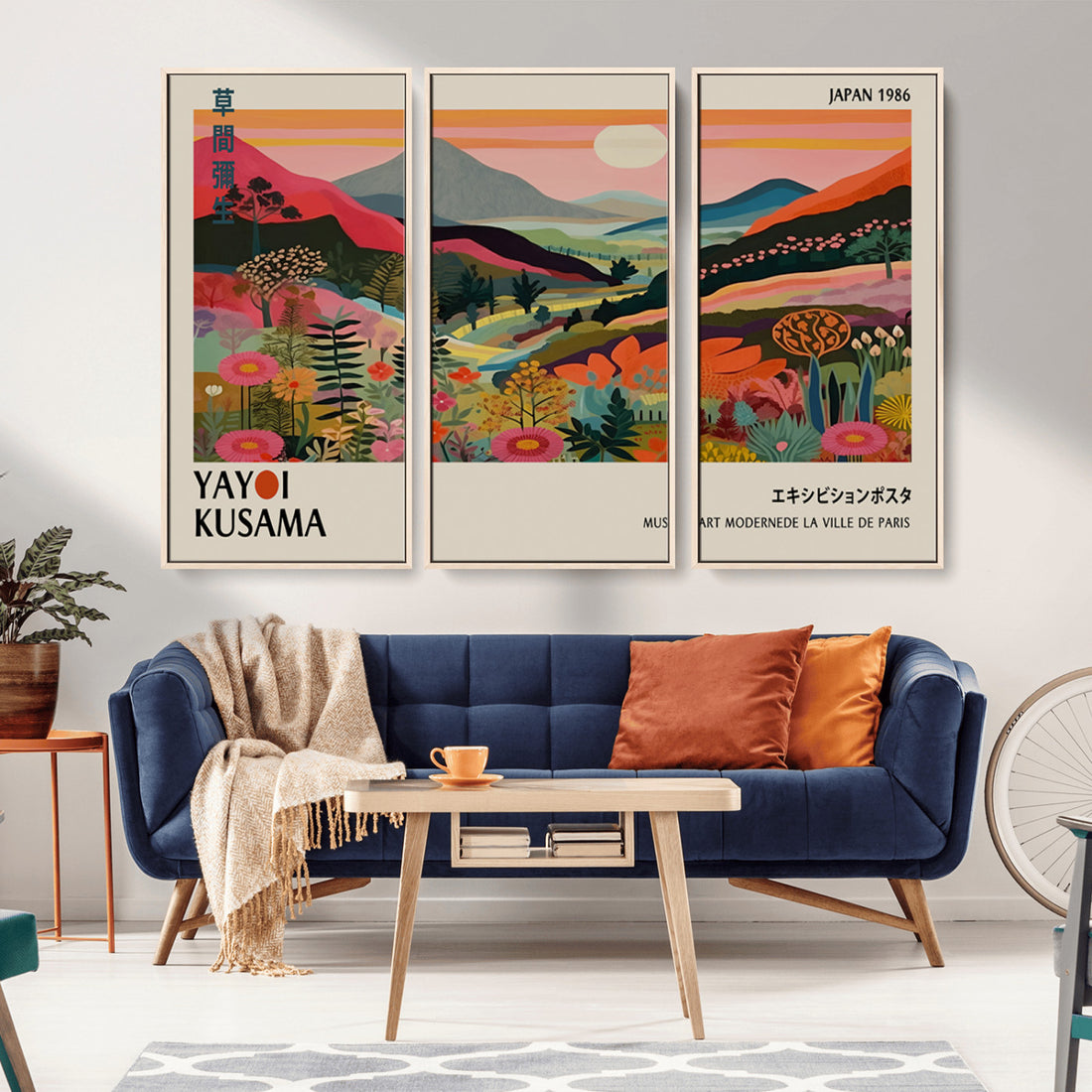 Yayoi Kusama Landscape Canvas Print, Vibrant Floral Mountain Art, Botanical Flower Nature Decor