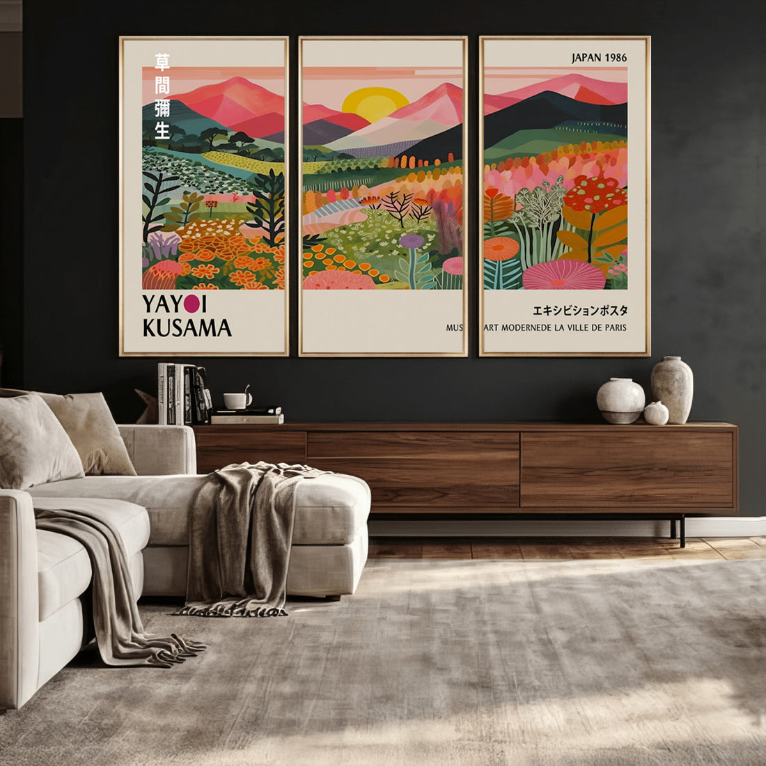 Yayoi Kusama Landscape Canvas Print, Vibrant Floral Mountain Art, Framed Botanical Wall Art
