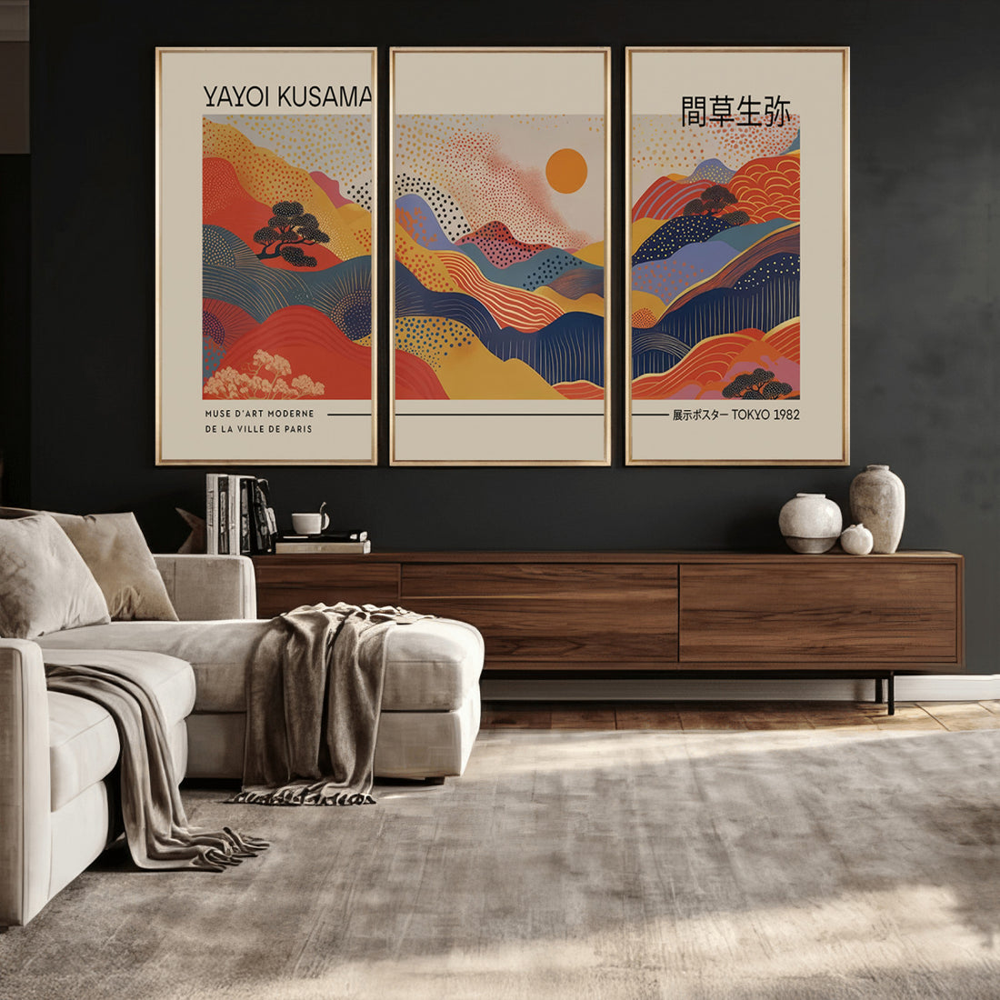 Yayoi Kusama Landscape Canvas Print, Vibrant Floral Mountain Art, Botanical Sunset Scenery