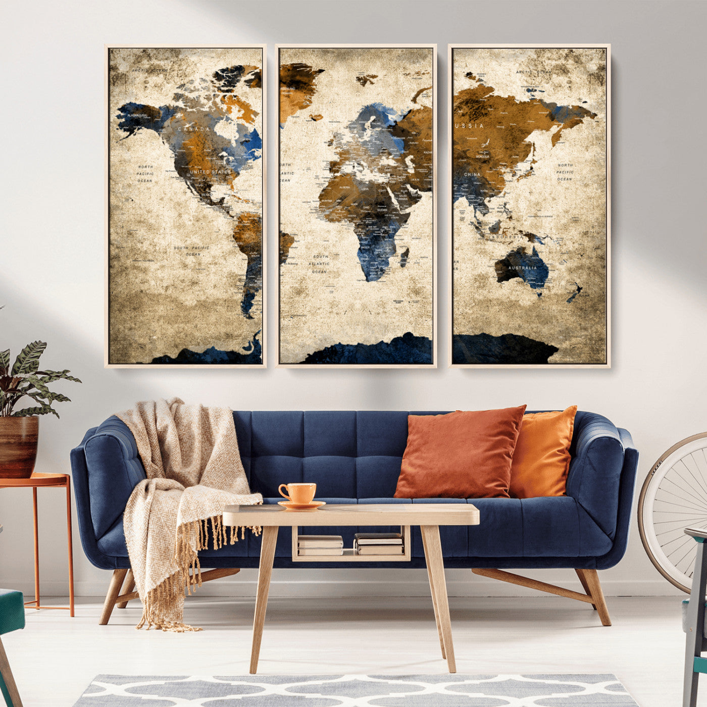 51140-MGV-CV-36X24-World Map Wall Art – Antique Style Blue and Brown Map Canvas Print, Classic Travel Wall Decor for Home Office or Study Room