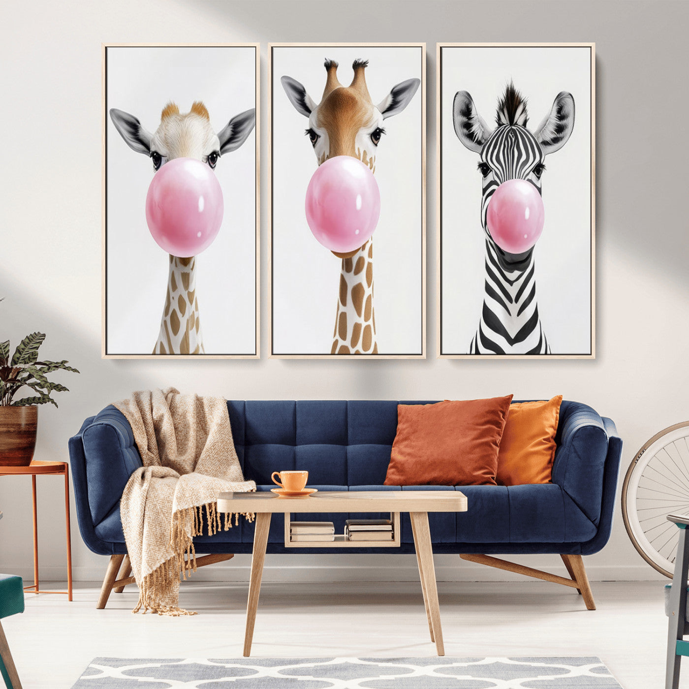 -Bubblegum Animals Canvas Wall Art - Playful Giraffe and Zebra Trio, Fun Nursery Decor for Kids'
