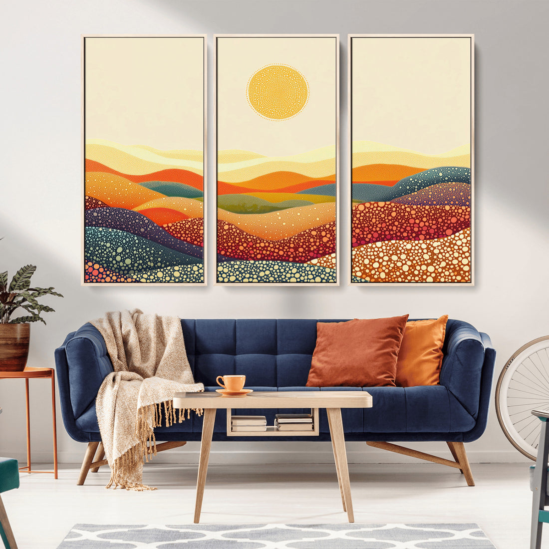 YAYOI KUSAMA Colorful Dot Art Landscape Canvas, Framed Abstract Pointillism with Rolling Hills and Sun